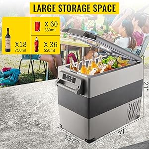 Le texte indique « GRAND ESPACE DE RANGEMENT ». Vues multiples d'un grand conteneur de stockage gris avec les mesures et les spécifications dimensionnelles affichées.