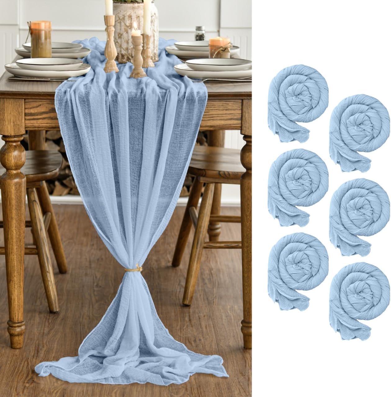Artoid Mode - chemins de table gaze bohème - 300 cm - lot de 6, bleu glacier, décoration festive