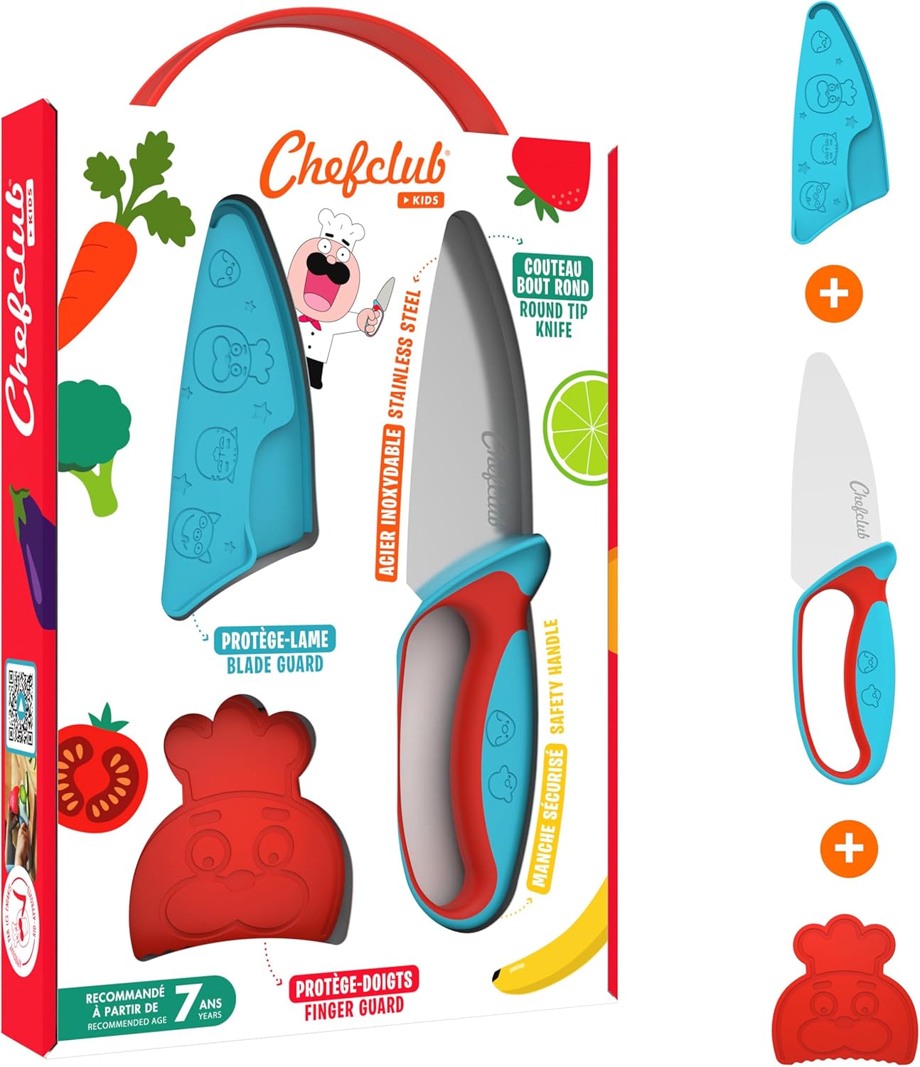 Chefclub Kids - Kit couteau cuisine enfant acier inox, sécurité, bleu/rouge