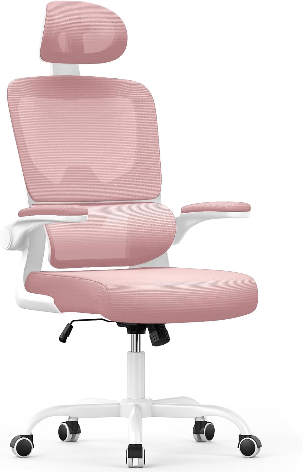 Chaise de bureau ergonomique - support lombaire réglable - appui-tête & accoudoirs ajustables - maille respirante, rose