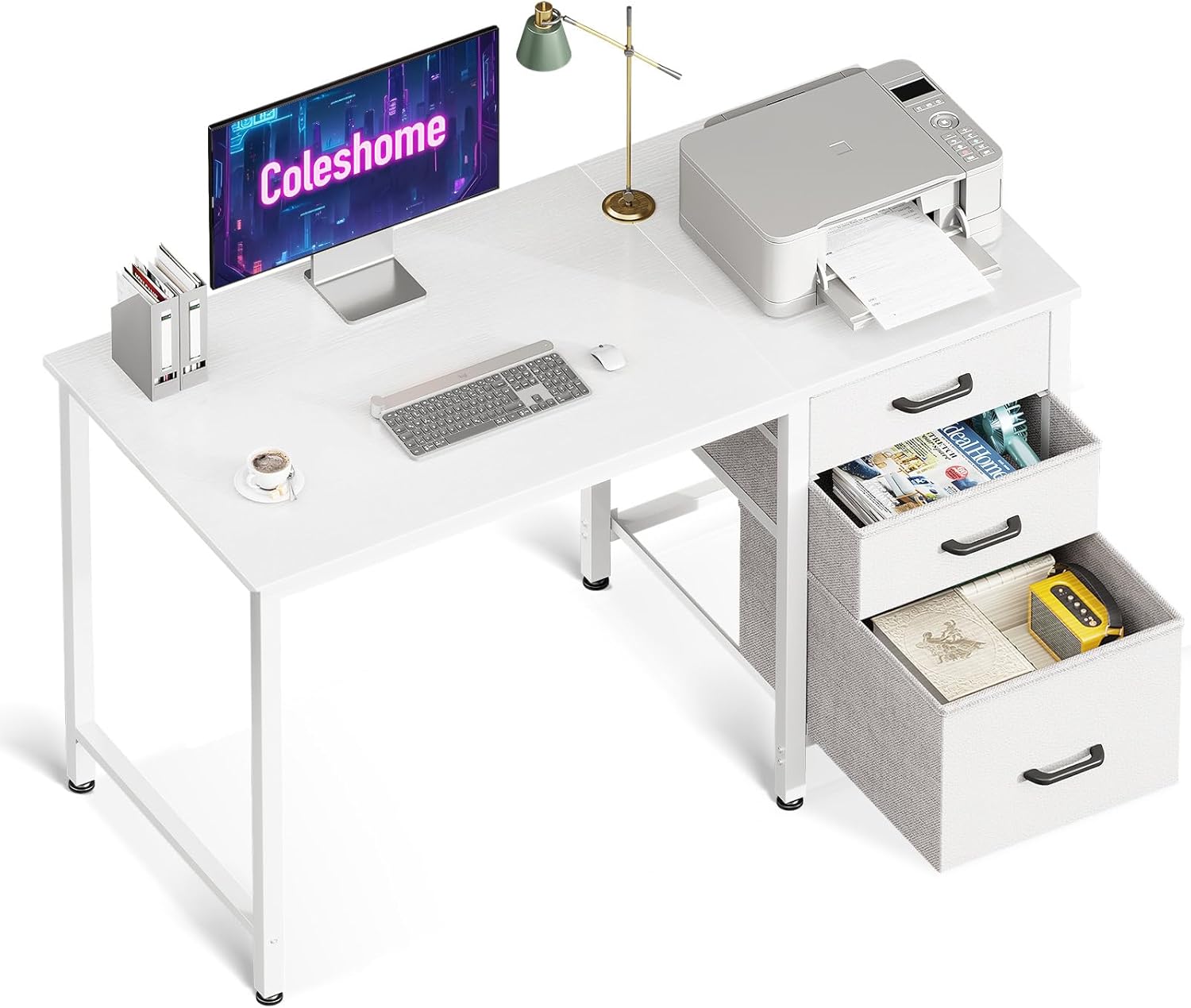 Coleshome - bureau 3 tiroirs tissu, 100x48cm, réversible, porte-casque