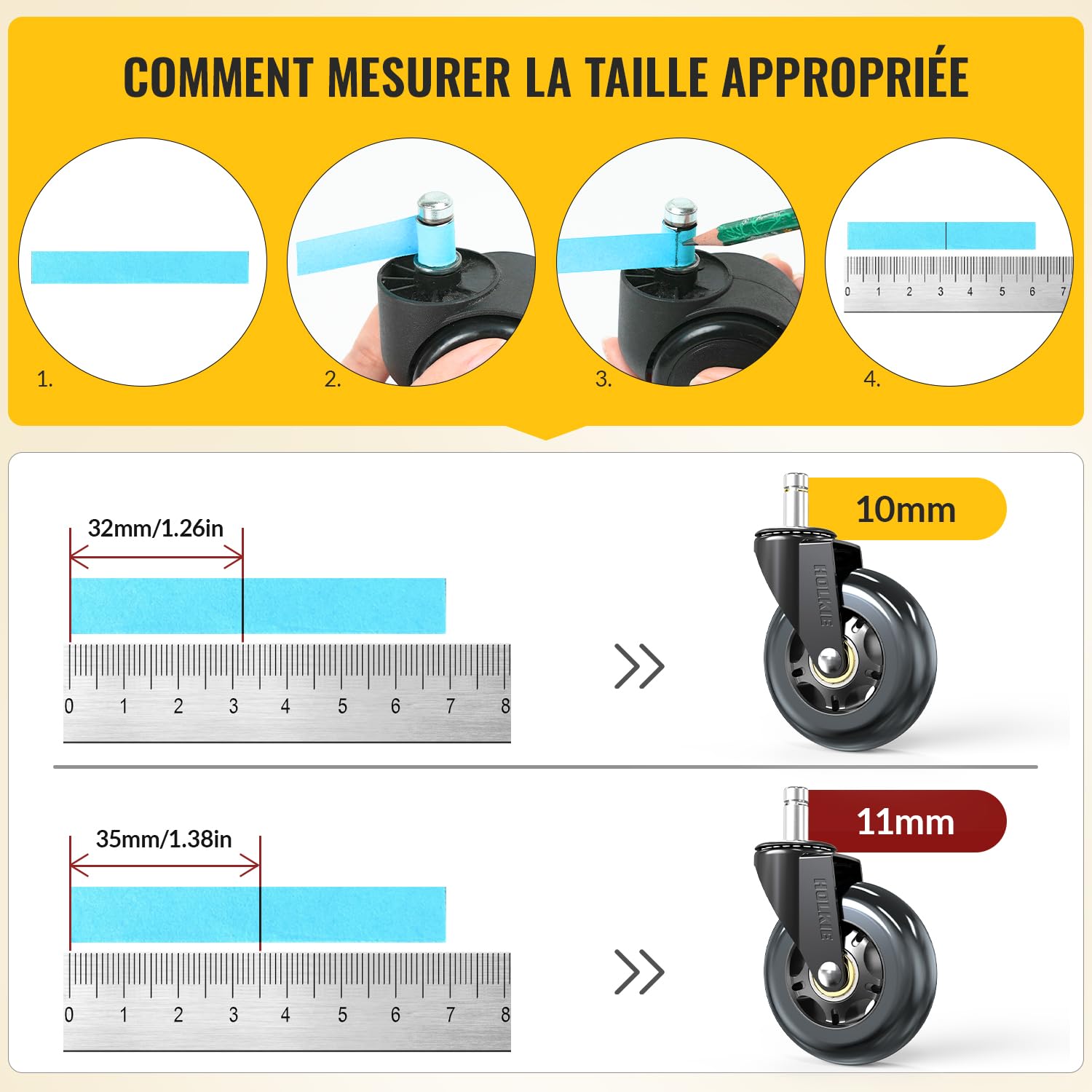 HOLKIE - roulettes chaise bureau - 10x22 mm - caoutchouc, lot de 5, sols durs/tapis, rechange robustes