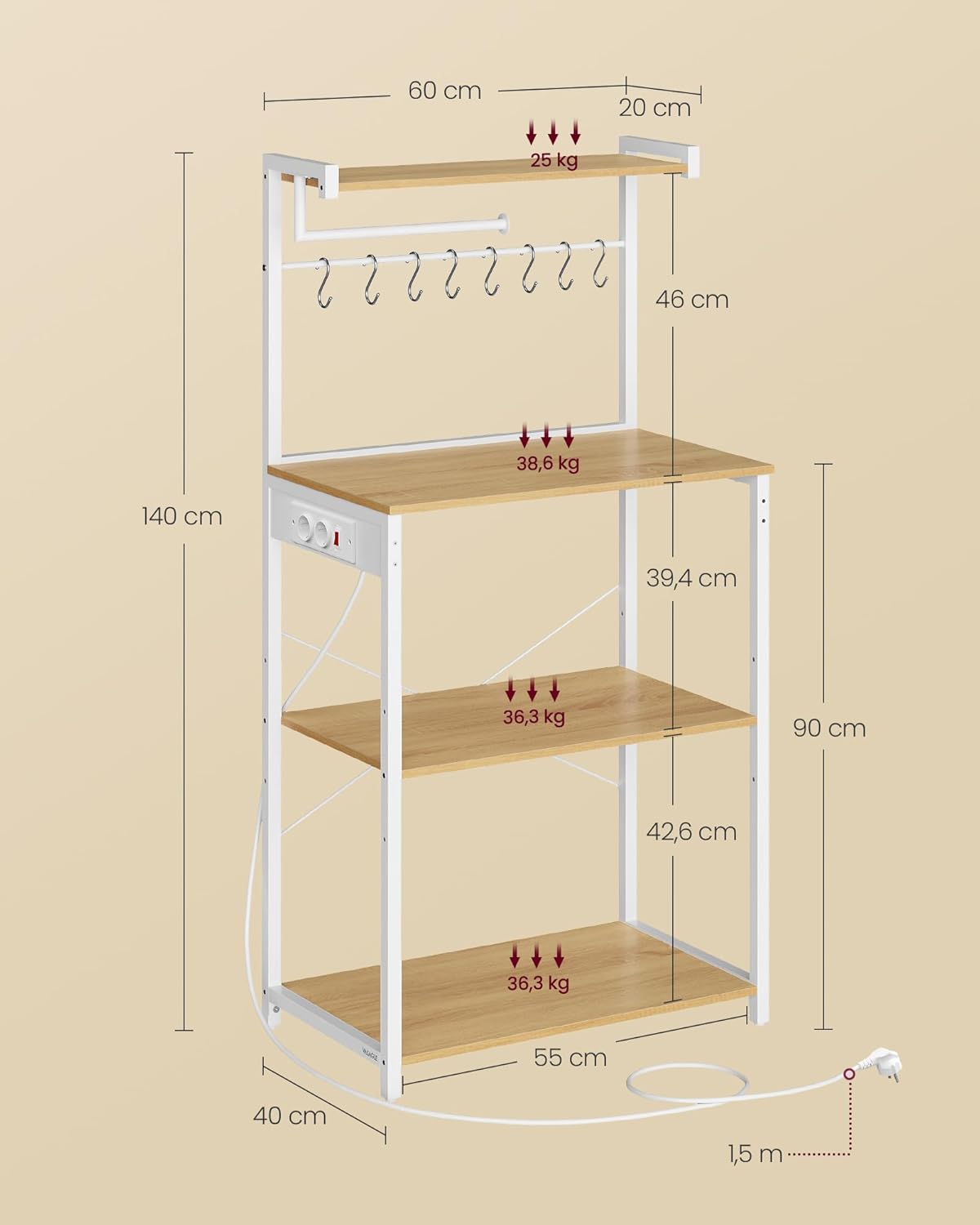 VASAGLE - support micro-ondes 40x60x140cm, 4 niveaux, multiprise, KKS014Y02