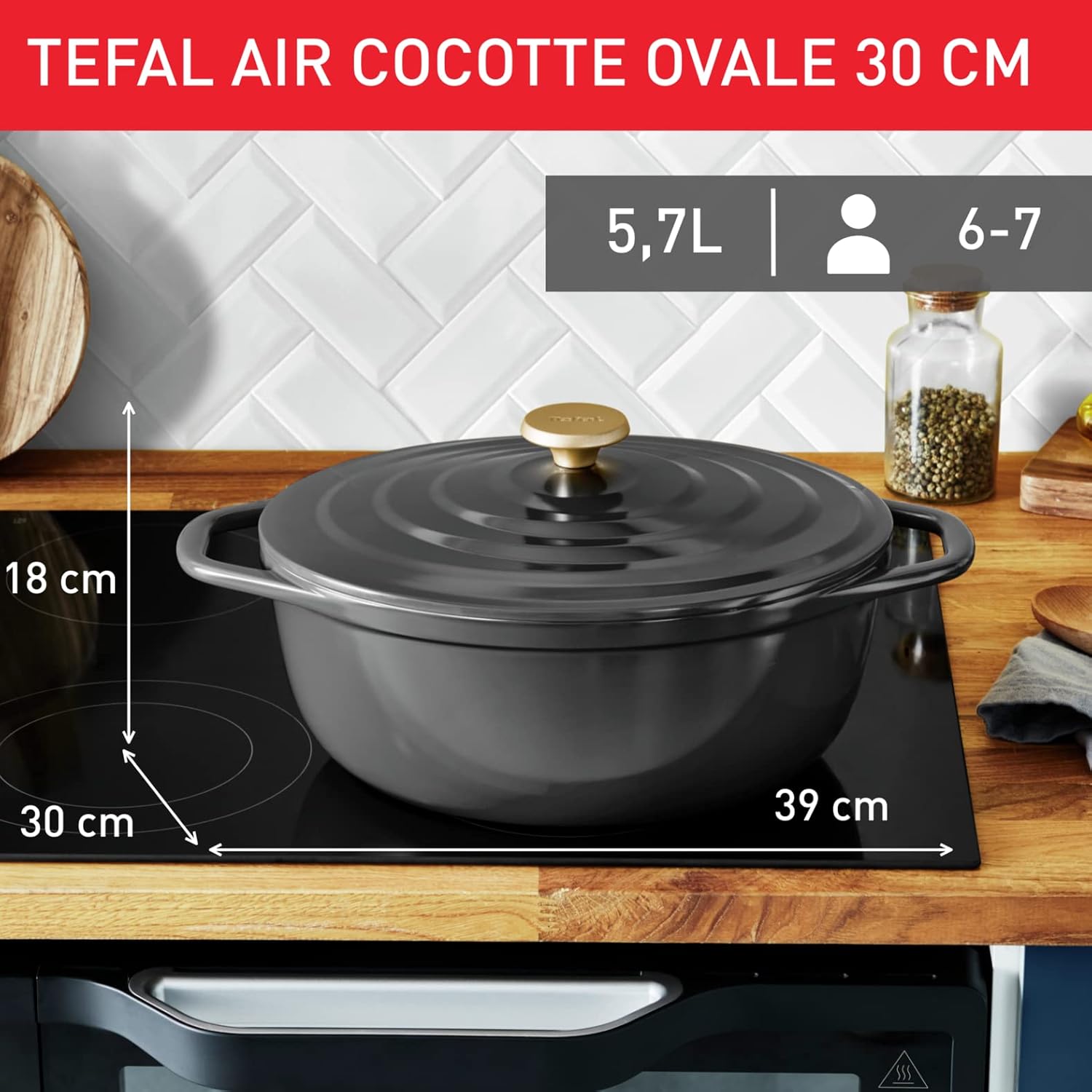 Tefal - cocotte ovale Air - 30x23cm, 5,7L, fonte légère, couvercle, E2558904