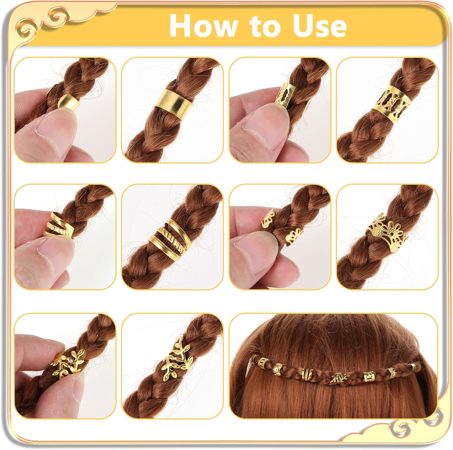 Bijoux cheveux - lot de 50 pièces dorées - accessoires tresse dreadlocks