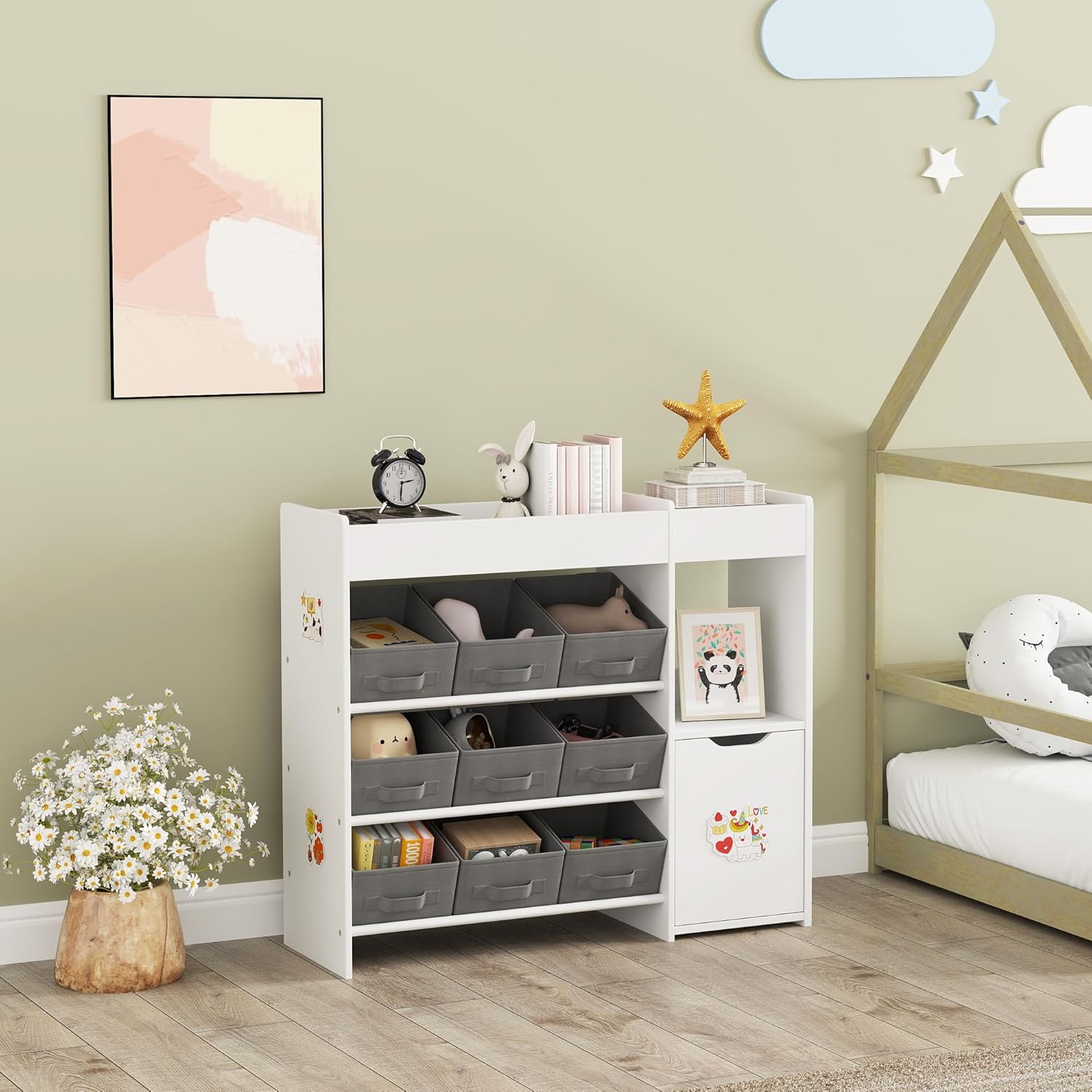 AIYAPLAY - étagère enfant 9 tiroirs tissu et placard, rangement jouets, blanc