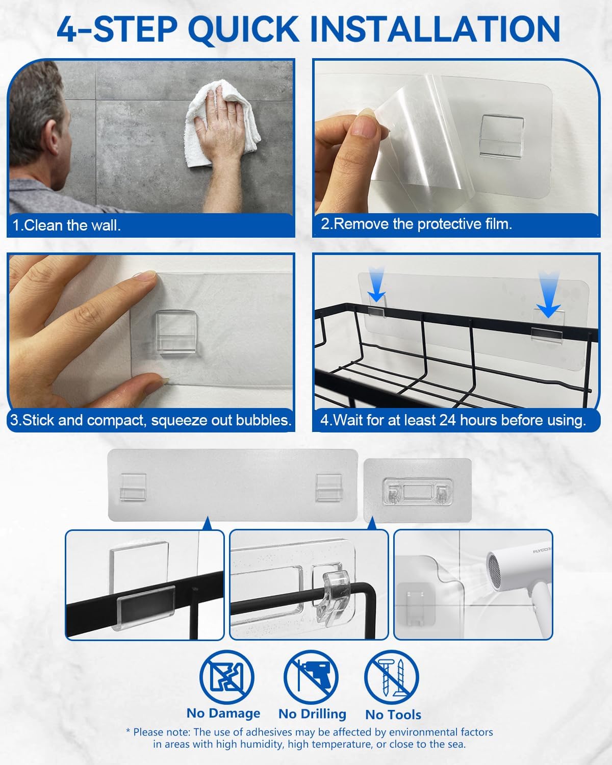 AceMining - Étagère de douche sans perçage, 3 pcs, crochets, rangement compact
