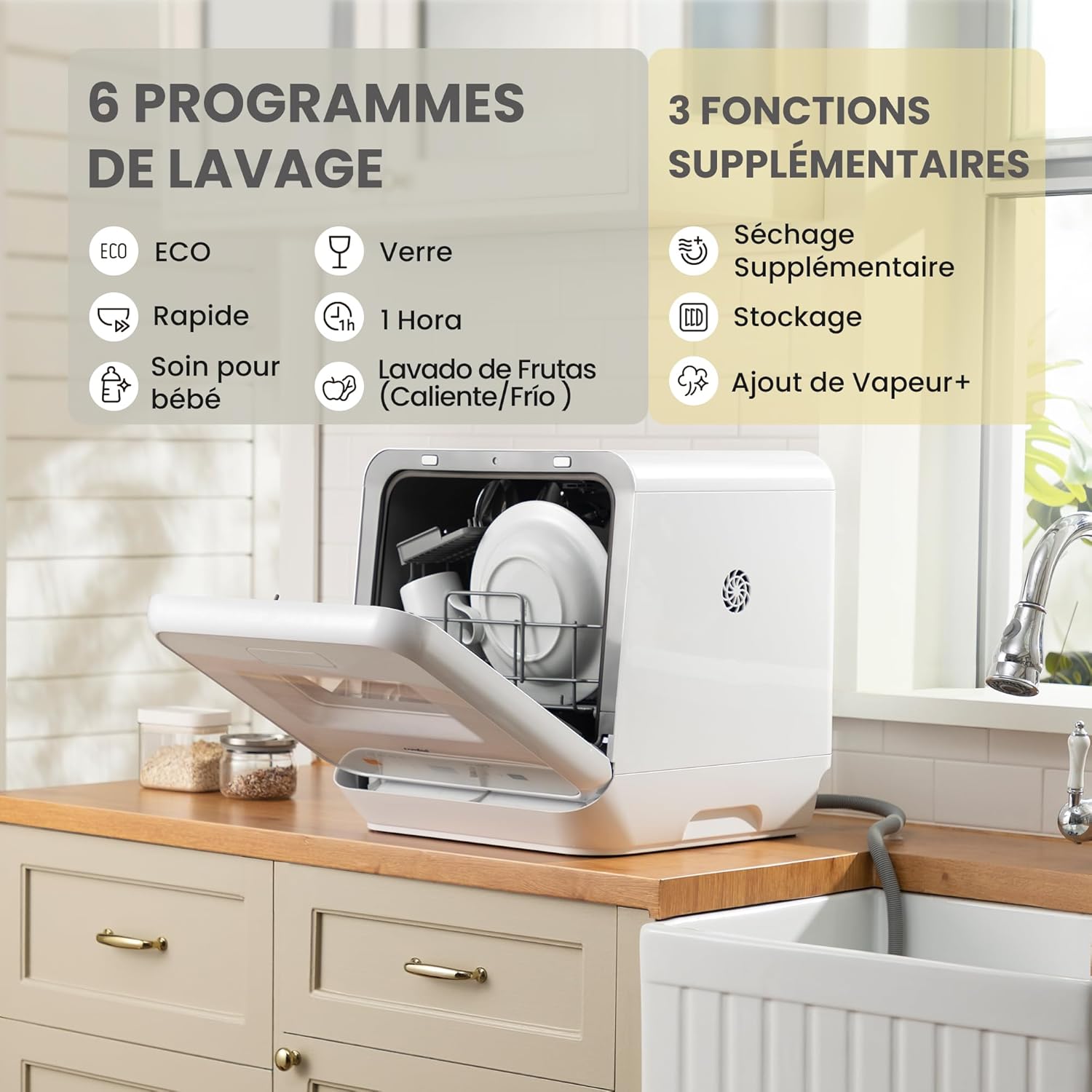 COMFEE' - lave-vaisselle de comptoir - compact - 6 programmes, sans plomberie, lavage vapeur