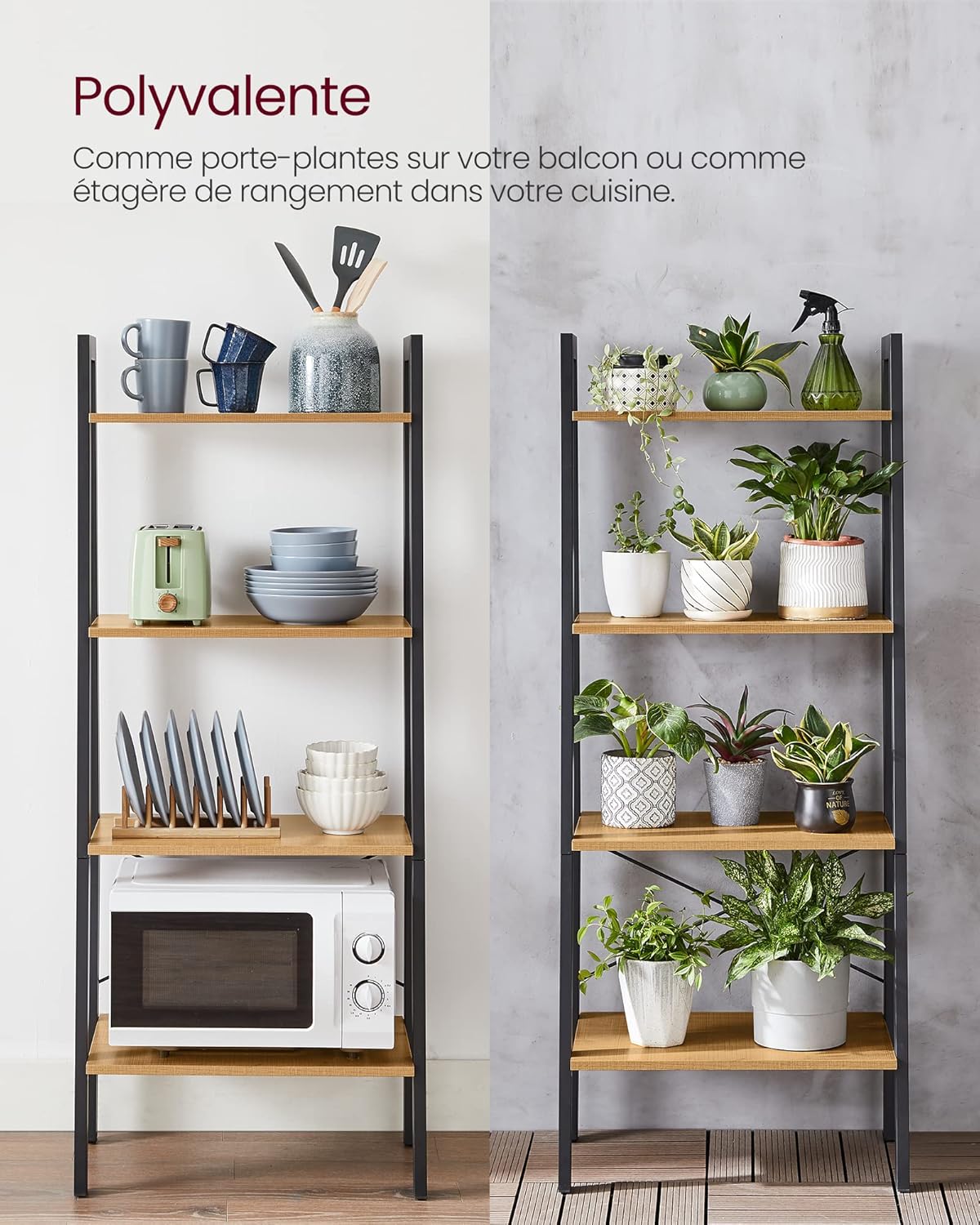 VASAGLE - étagère échelle 4 niveaux - acier, bois marron miel - 56x34x137cm - LLS044B05