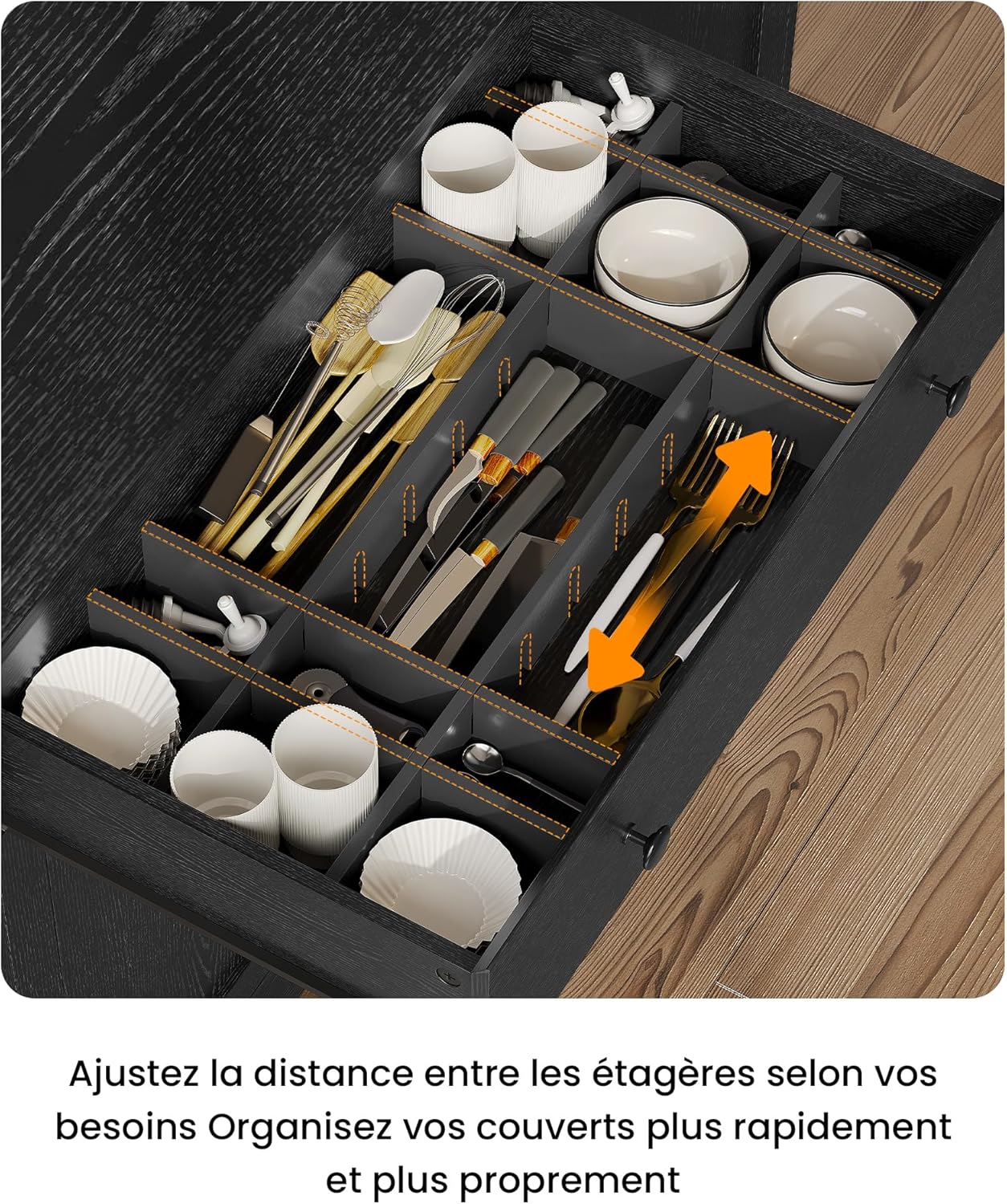 Meuble buffet cuisine - 103,5x40x180 cm - LED, multiprise, rangements