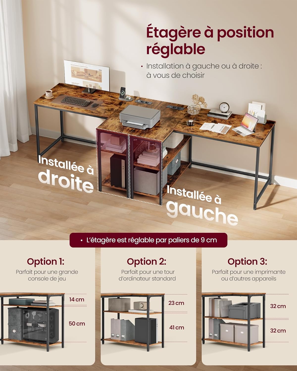 VASAGLE - Bureau en L, 110x80 cm, étagères réglables, ports USB, LWD131KD01