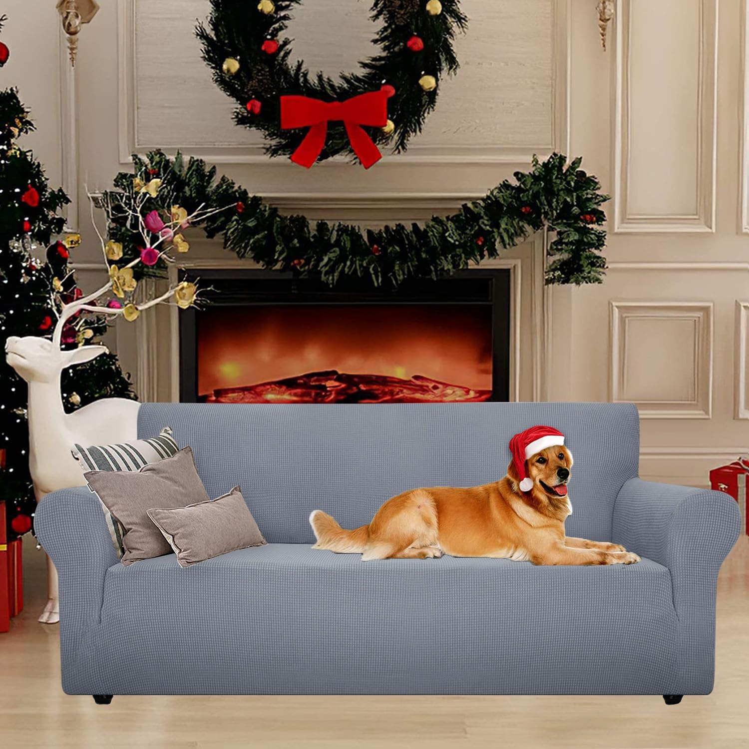 Housse de canapé 1 place - extensible, antidérapante, gris clair