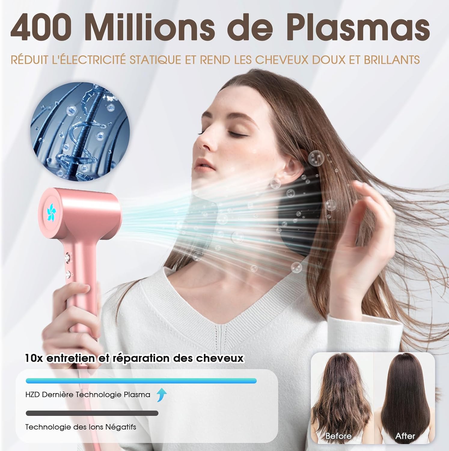 Sèche-cheveux - moteur 110 000 tr/min, 1500W, 57dB, séchage rapide, plasma