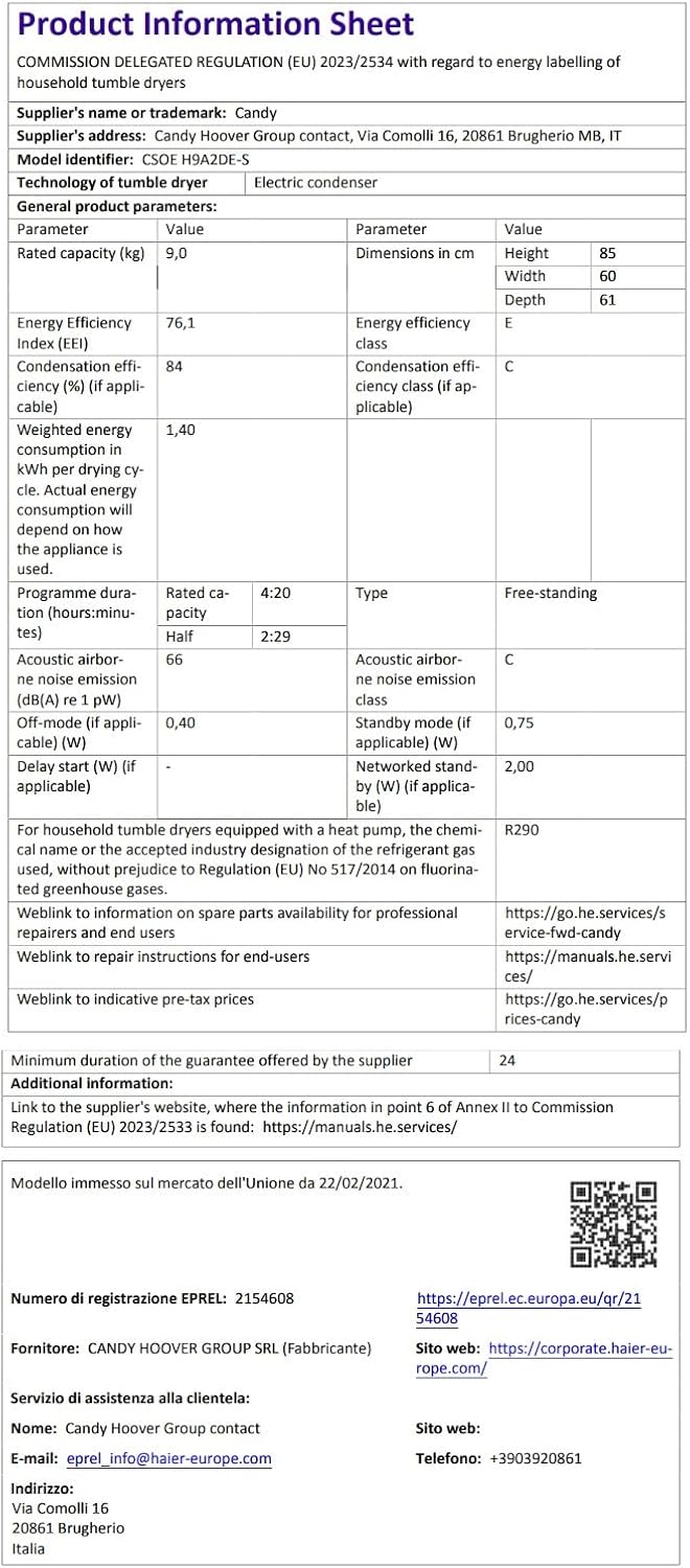 Candy - sèche-linge condensation - grande capacité, classe A++, programmes variés - CSOEH9A2DE-S