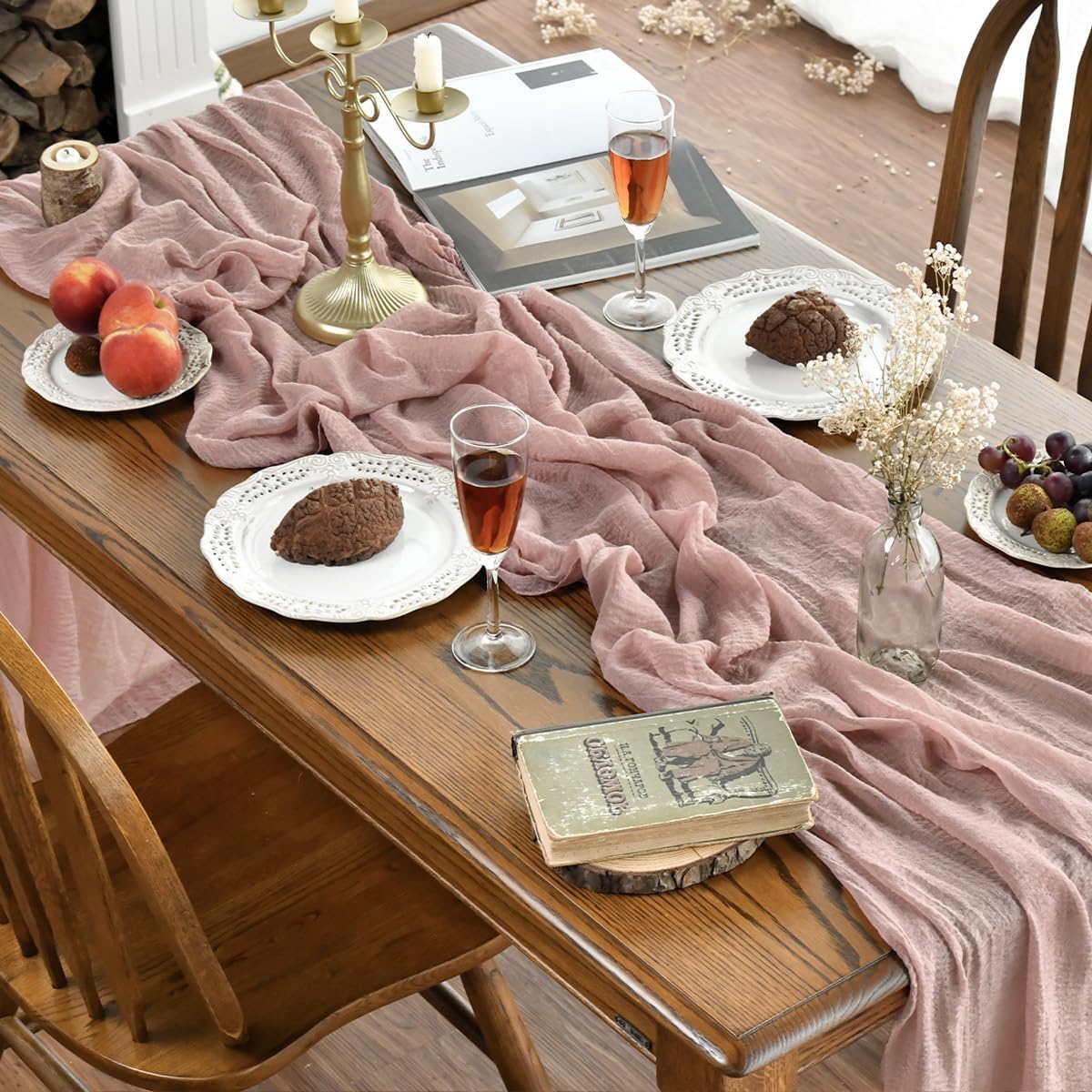 Artoid Mode - Chemins de Table Bohême - 400cm - gaze mousseline rose, déco mariage, fête