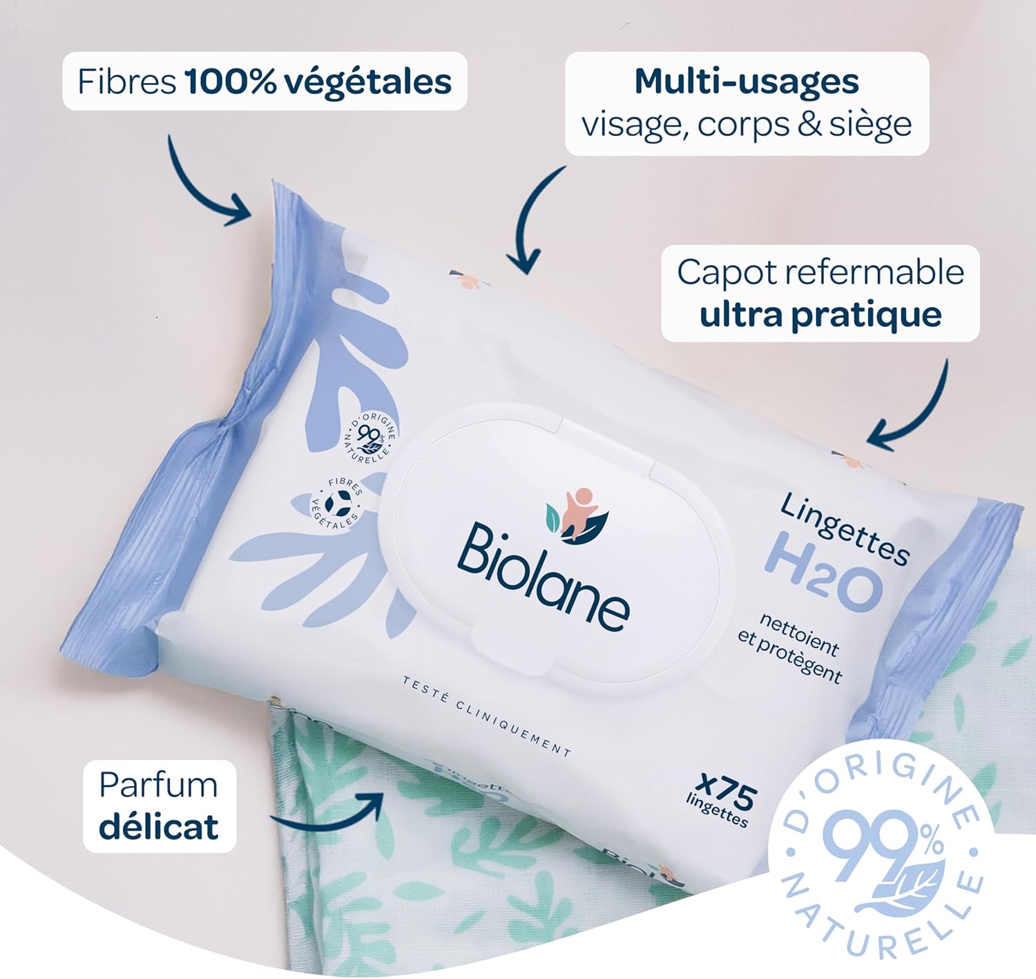 Biolane - Lingettes bébé Lot 12x75 - 900pcs, doux sans rinçage