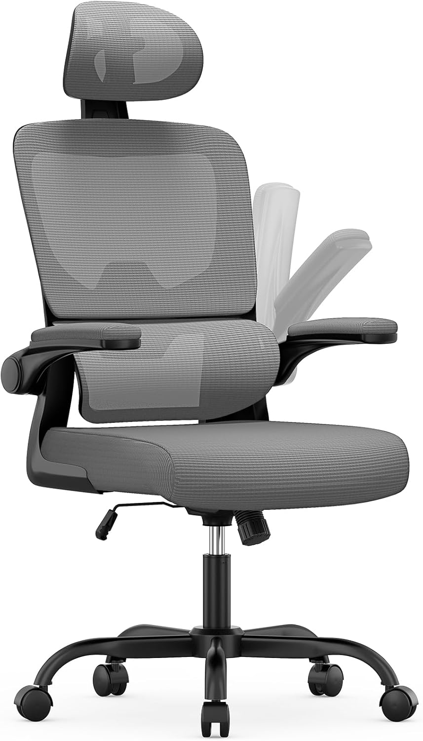 Chaise de bureau ergonomique - support lombaire - dossier et appui-tête réglables, accoudoirs réversibles, assise maille