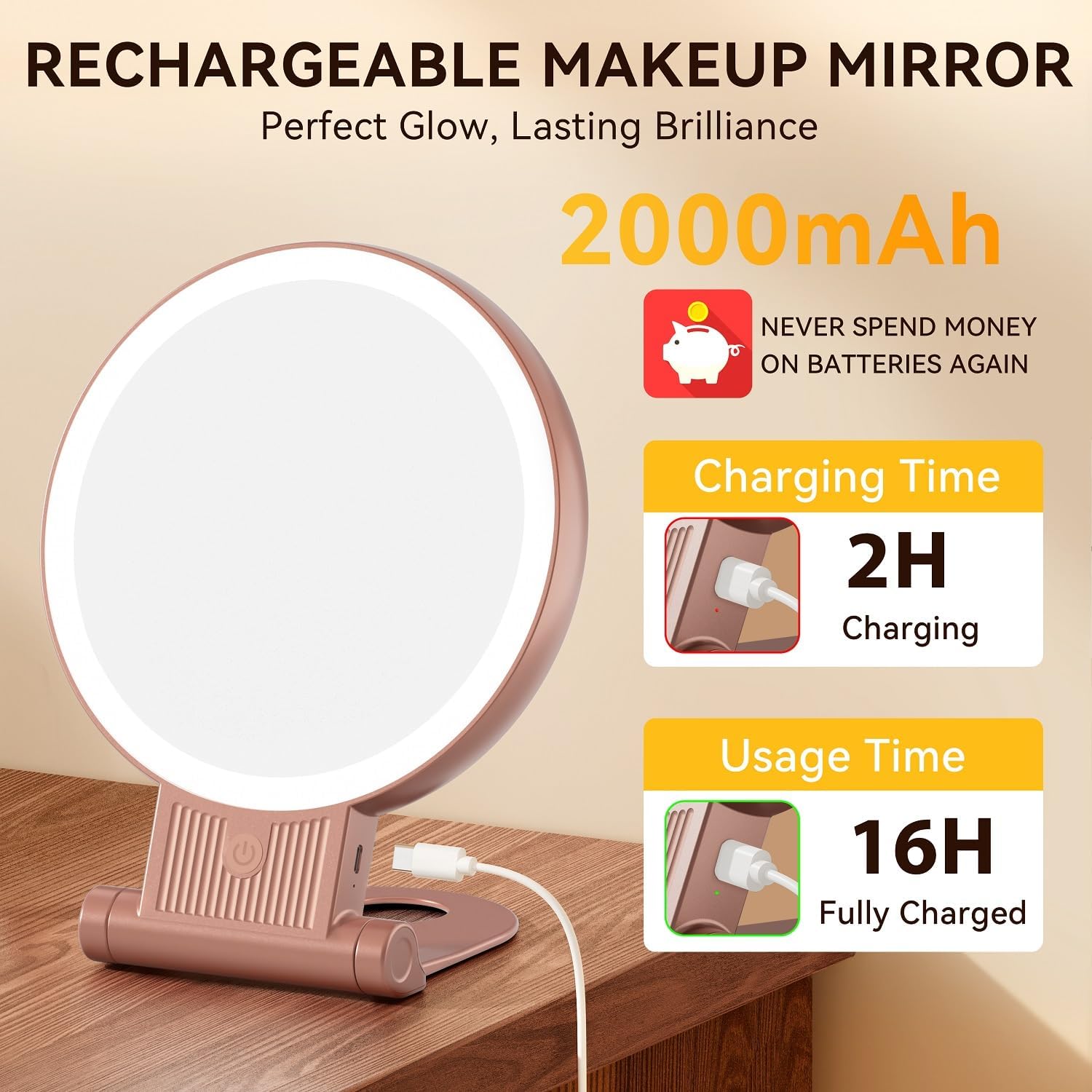Auxmir - Miroir maquillage double face 30X/1X, LED, 2000mAh, pliable, portable