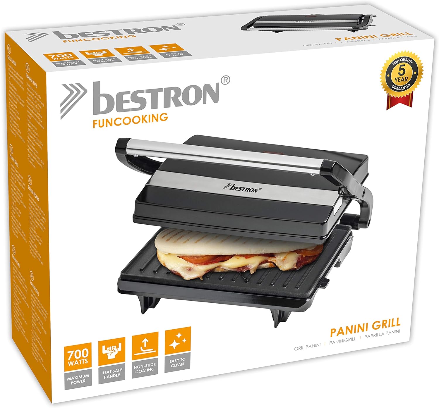 Bestron - Panini Maker série APM - poignée Cool-Touch, revêtement antiadhésif, bac récupérateur - 700W - APM123Z