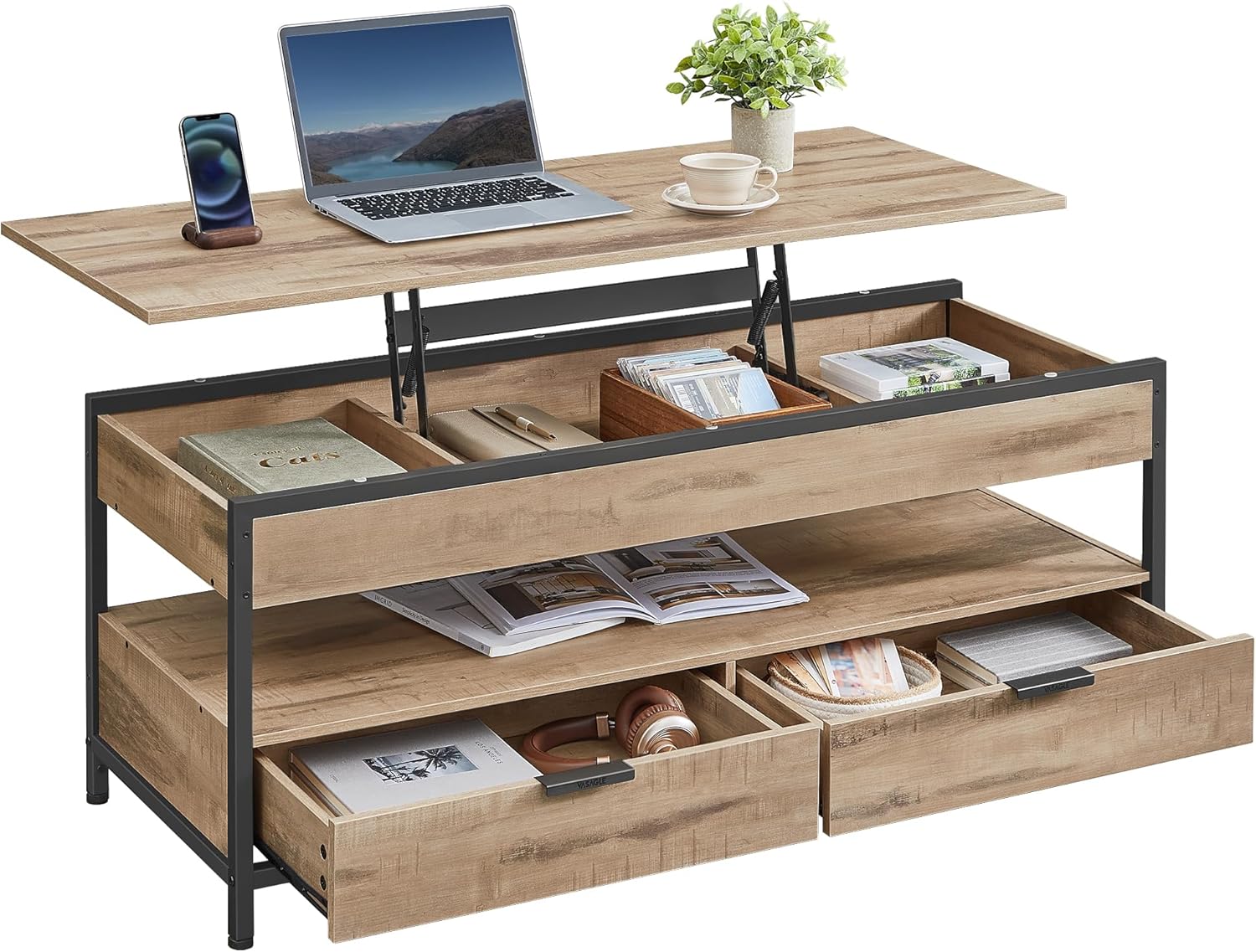 VASAGLE - table basse série LCT252K02 - 50x120cm - plateau relevable, tiroirs, rangements, marron/noir - LCT252K02