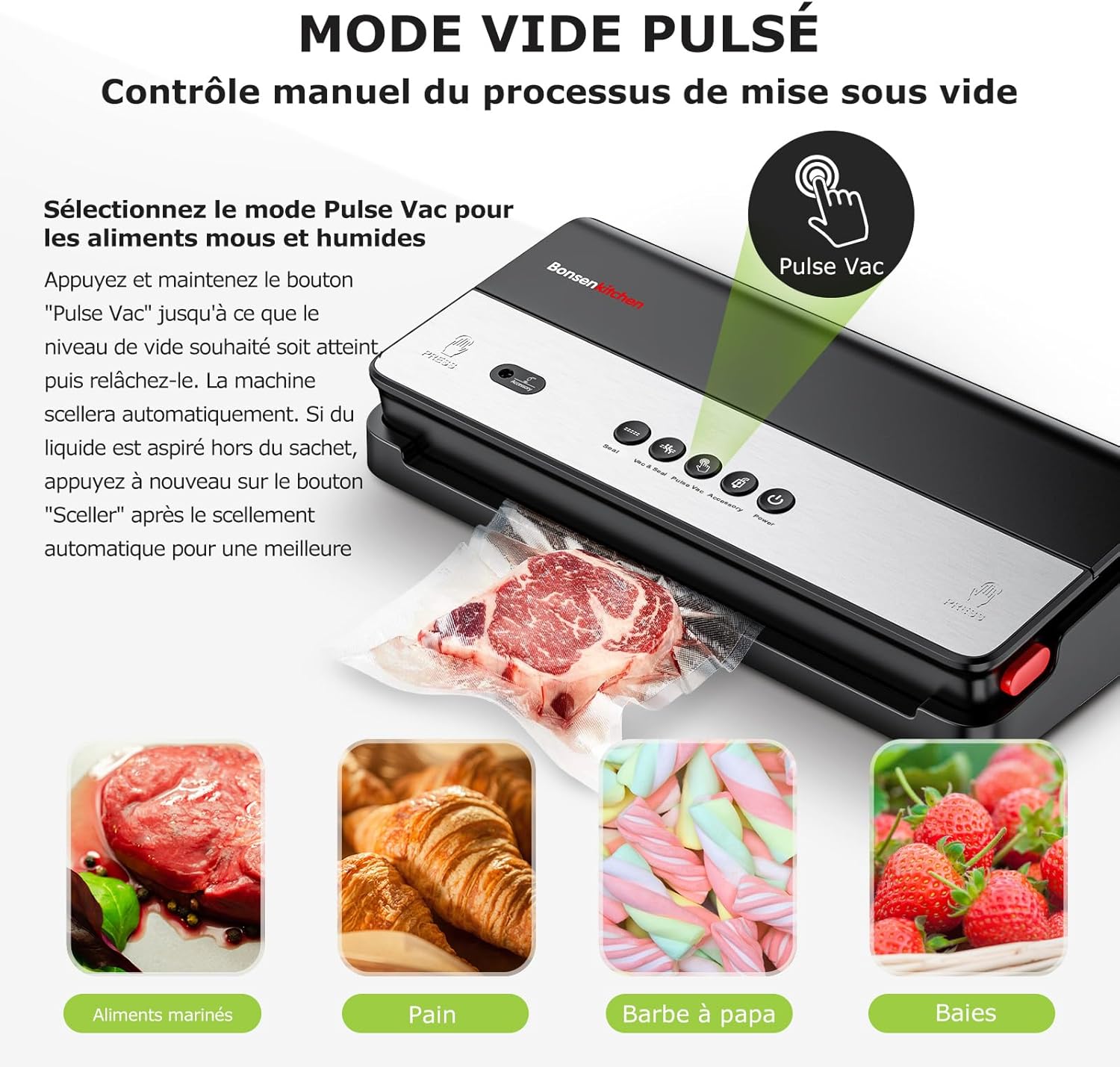 Bonsenkitchen - machine sous vide - cutter intégré, sacs inclus, pour aliments secs et humides