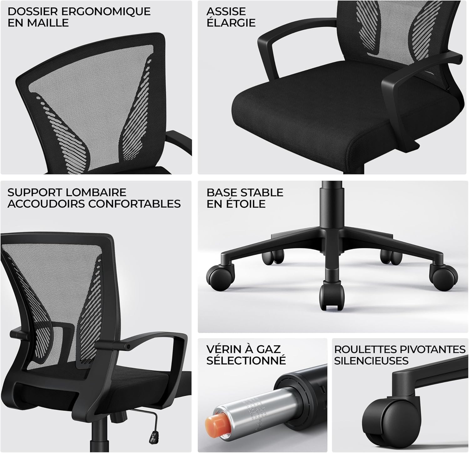 Yaheetech - chaise de bureau réglable 136kg, maille noire, dossier inclinable