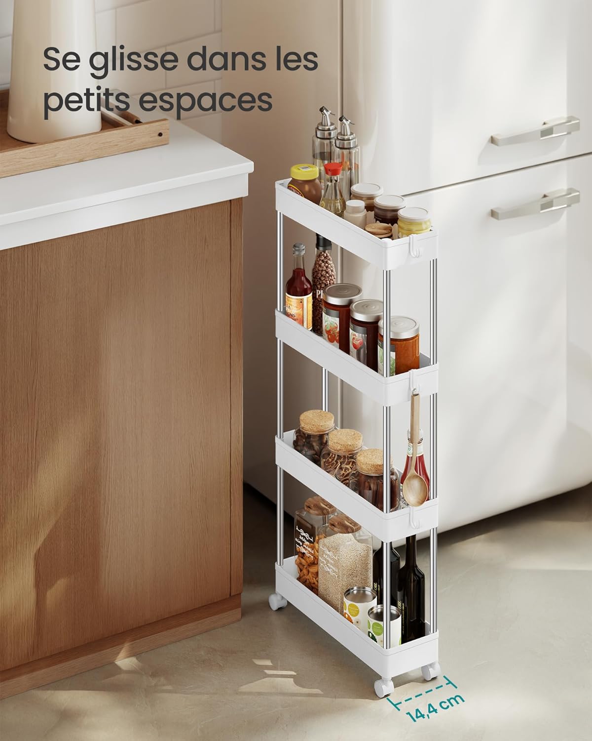 SONGMICS - chariot cuisine 4 niveaux, acier, crochets, 14,4x42x86cm, KSC08WT