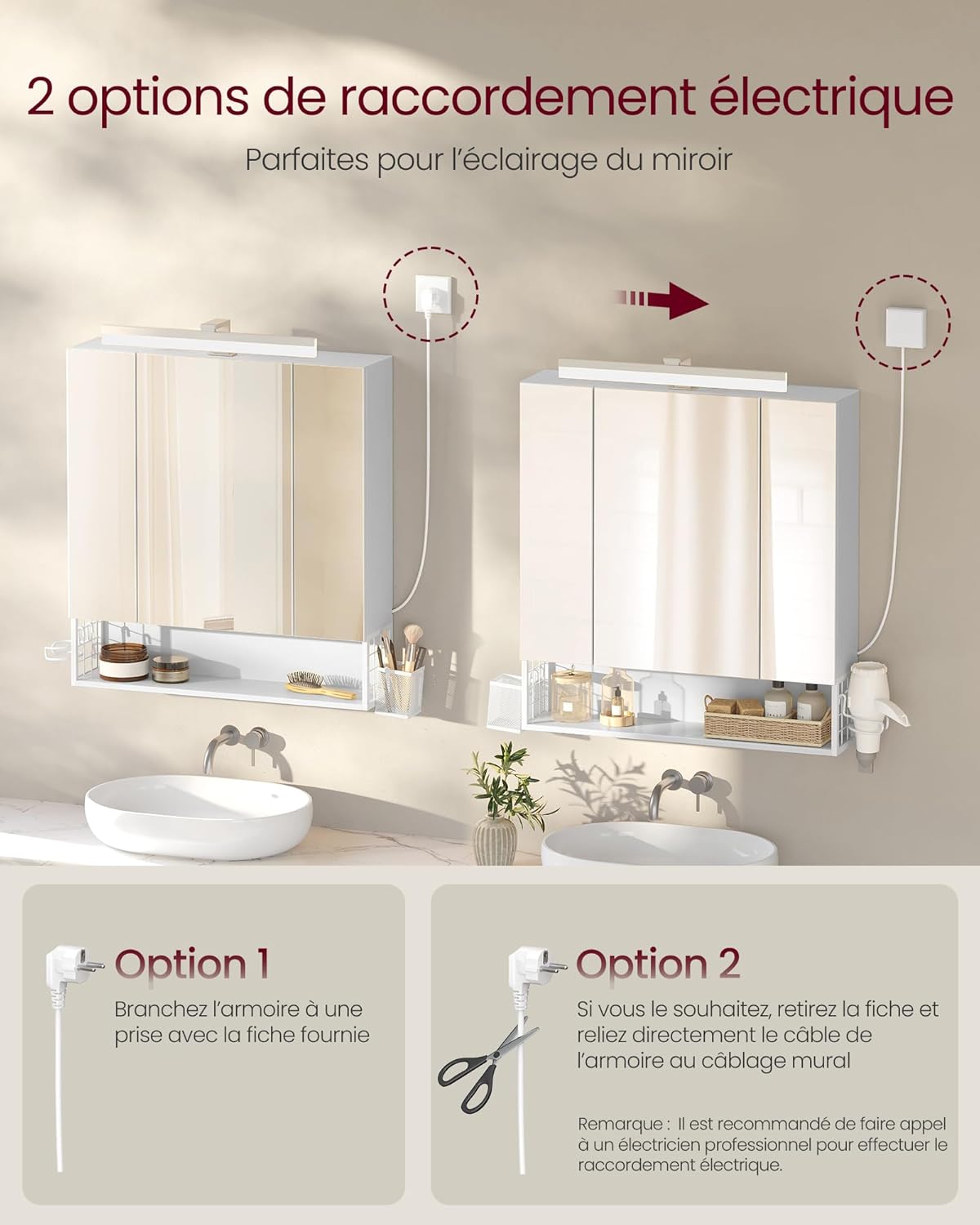 VASAGLE - meuble salle de bain LED, 16.5x70x75 cm, multiprise, BBK126W01