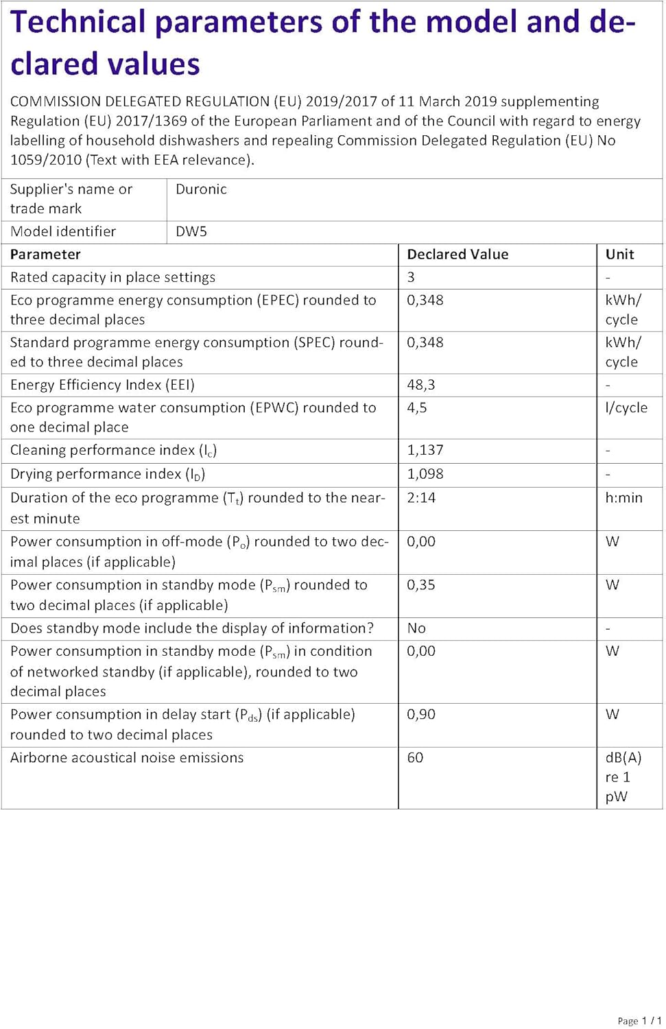 Duronic - DW5 WE - compact, 950W, 7 programmes, séchage efficace