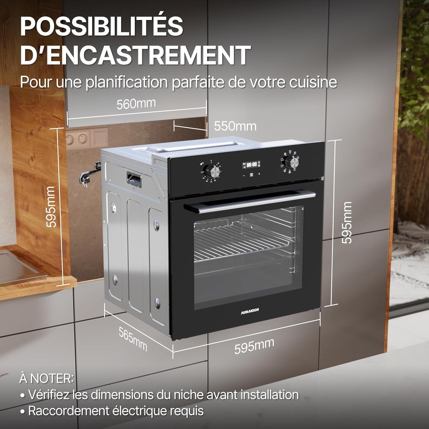 Four encastrable - 60 cm, 70 L, chaleur tournante 4D, 8 modes, sécurité enfant