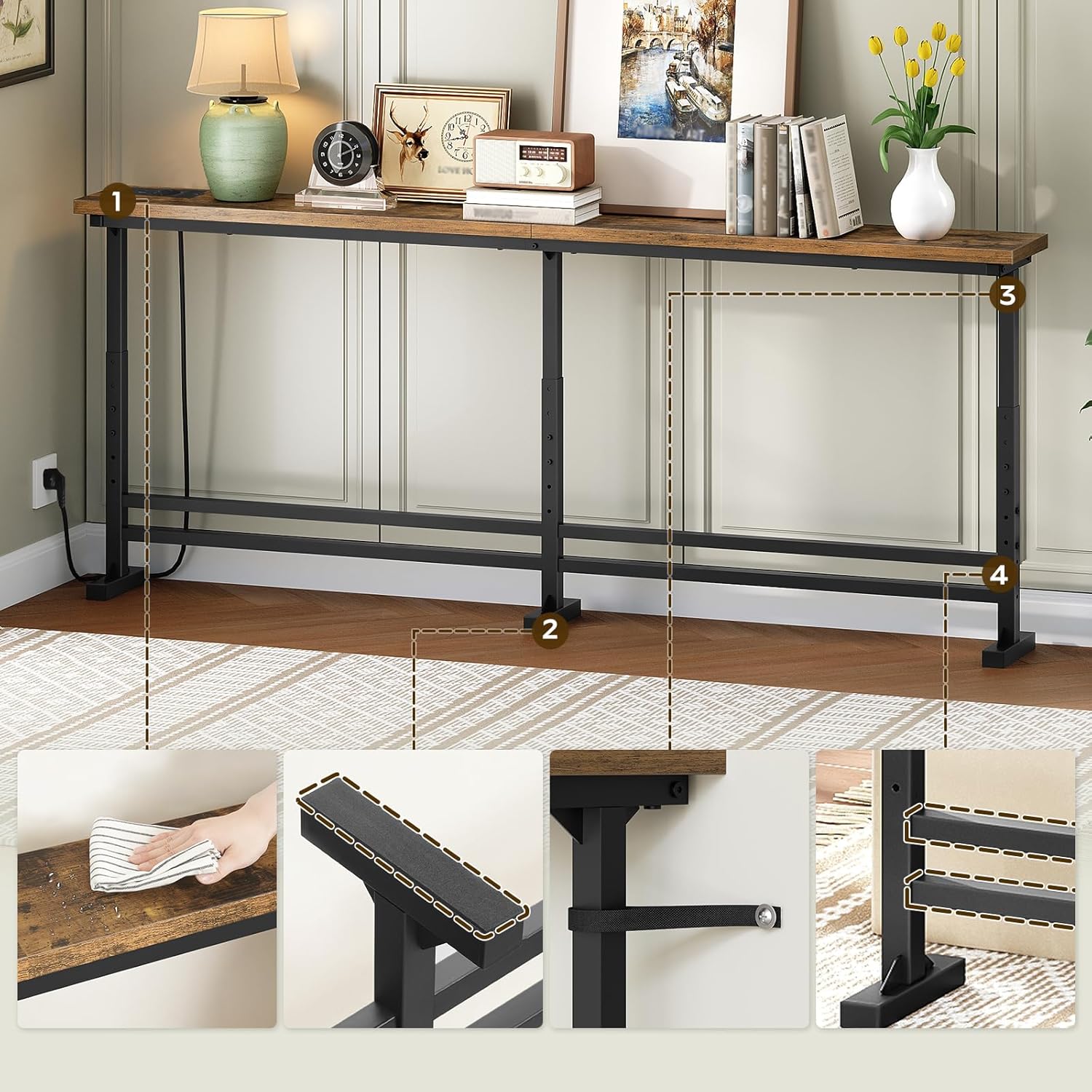 Table console longue - style rustique, 180cm, avec multiprise, prise USB/USB-C, XCT08CBR