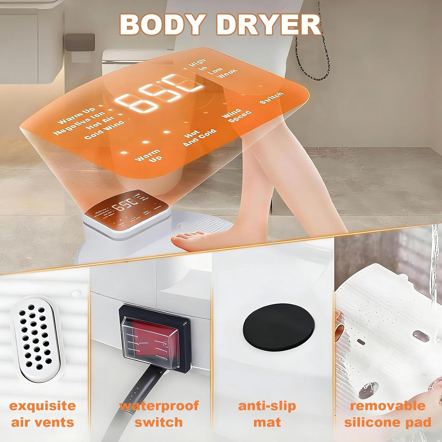 Sèche-corps 2500W, air chaud/froid, panneau LED, étanche, salle de bain