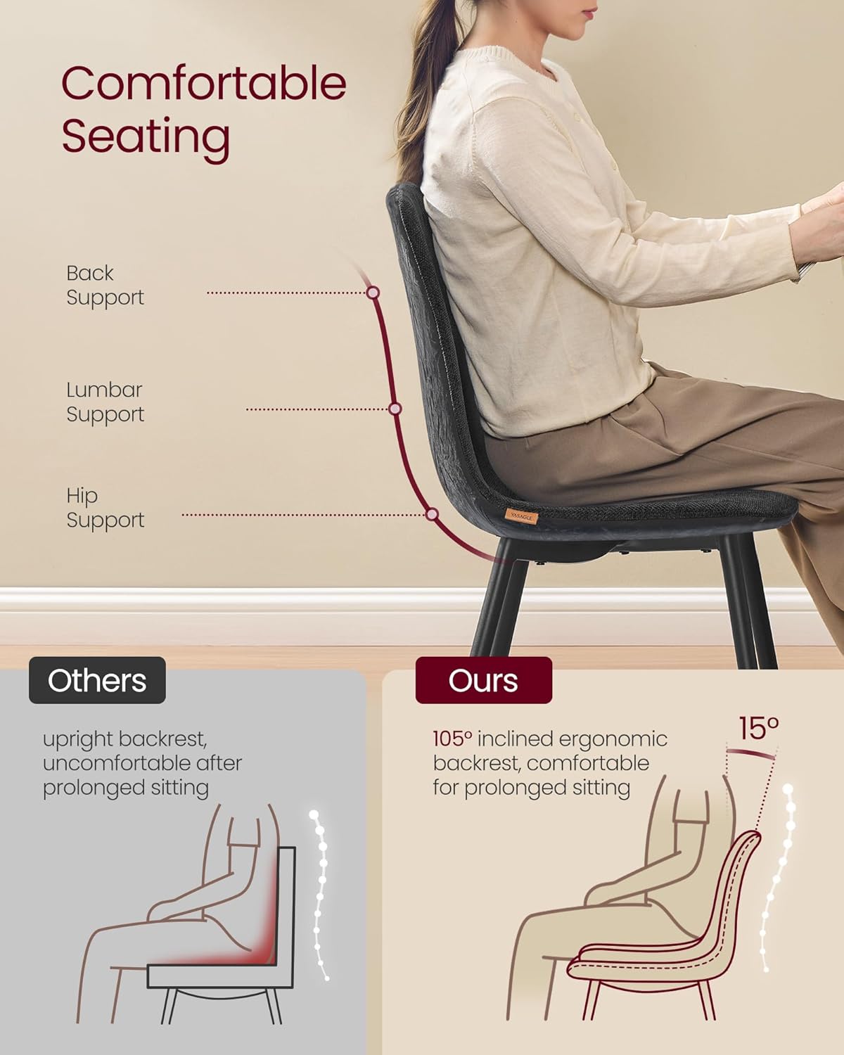 VASAGLE - chaises salle à manger lot de 2, métal, tissu facile à nettoyer, pieds réglables, Gris Ardoise - KDC187G01