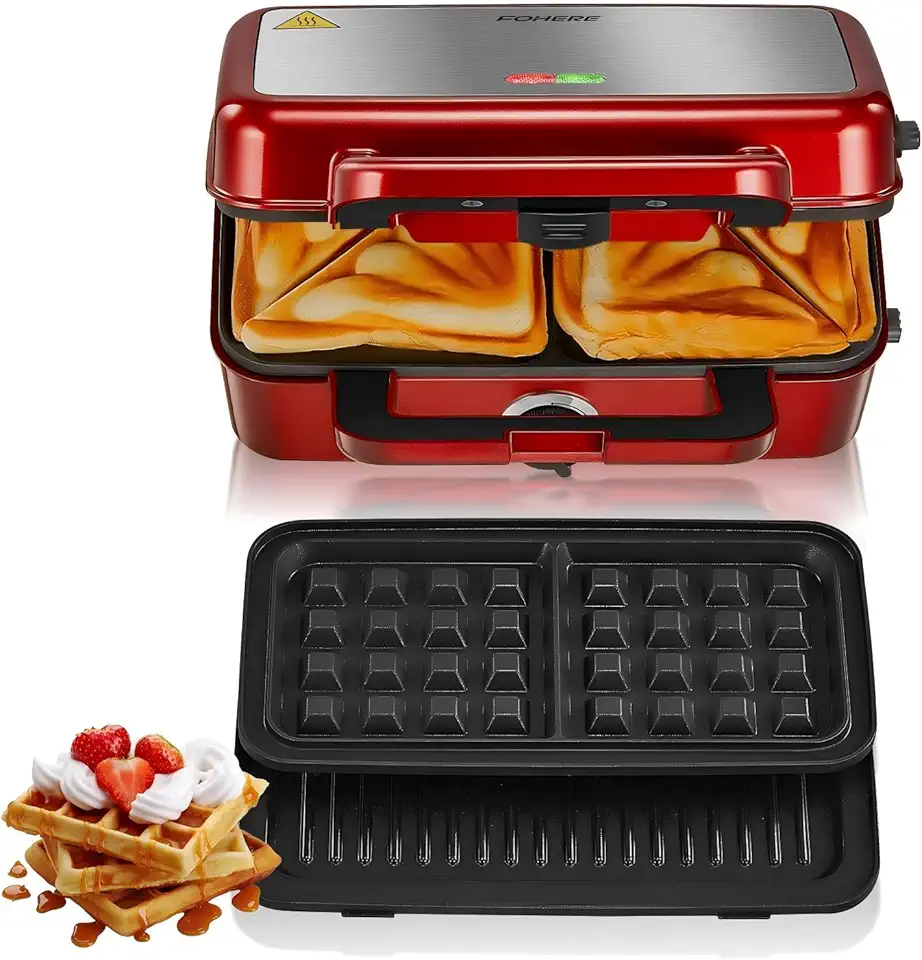 Croque Monsieur multifonction - 1200W - plaques amovibles, 5 vitesses, chauffe rapide, nettoyage facile, rouge