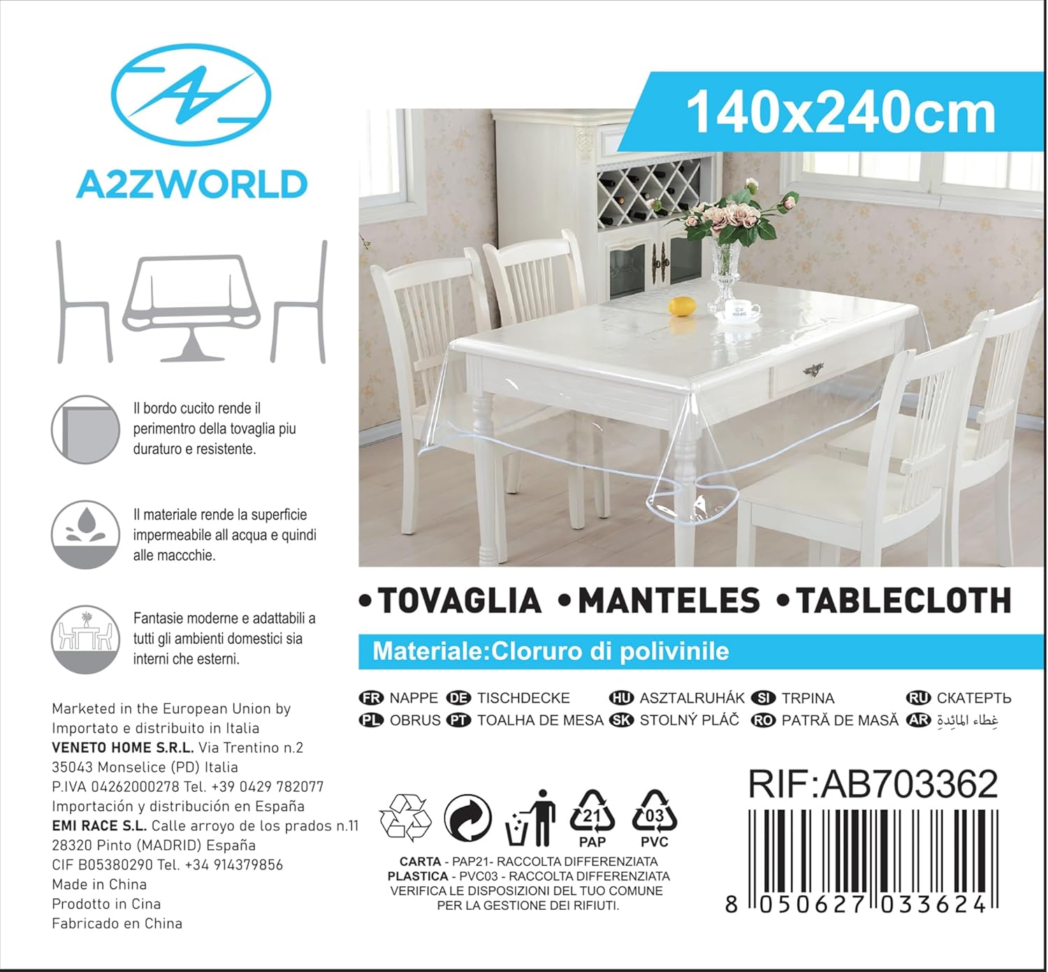 A2ZWORLD - nappe PVC imperméable lavable - 140x240cm - transparente, rectangulaire, protection table