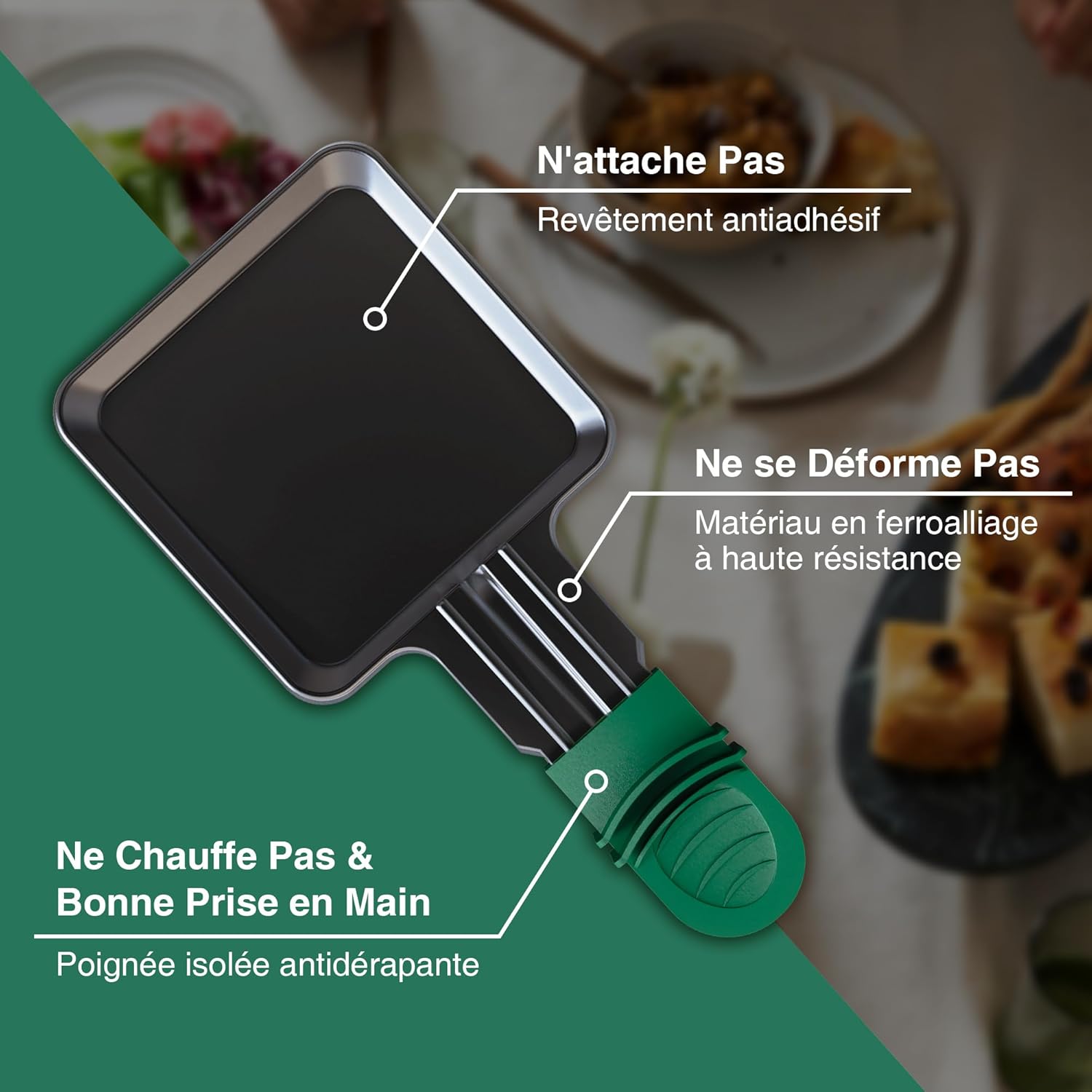 Poêlons à raclette carrés - mini format - revêtement antiadhésif, poignées colorées, 4 spatules, compatible lave-vaissel