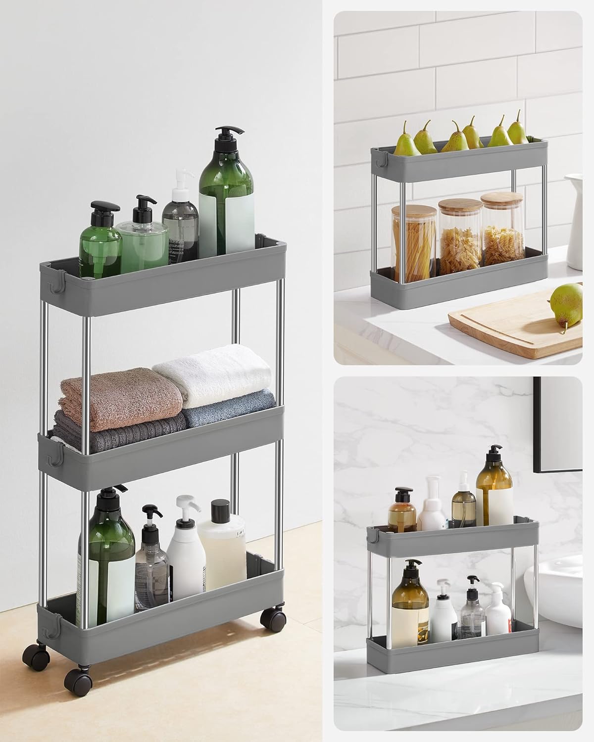 SONGMICS - chariot de cuisine 3 niveaux, acier, 14,4x42x60,6cm, 6 crochets, KSC007G01