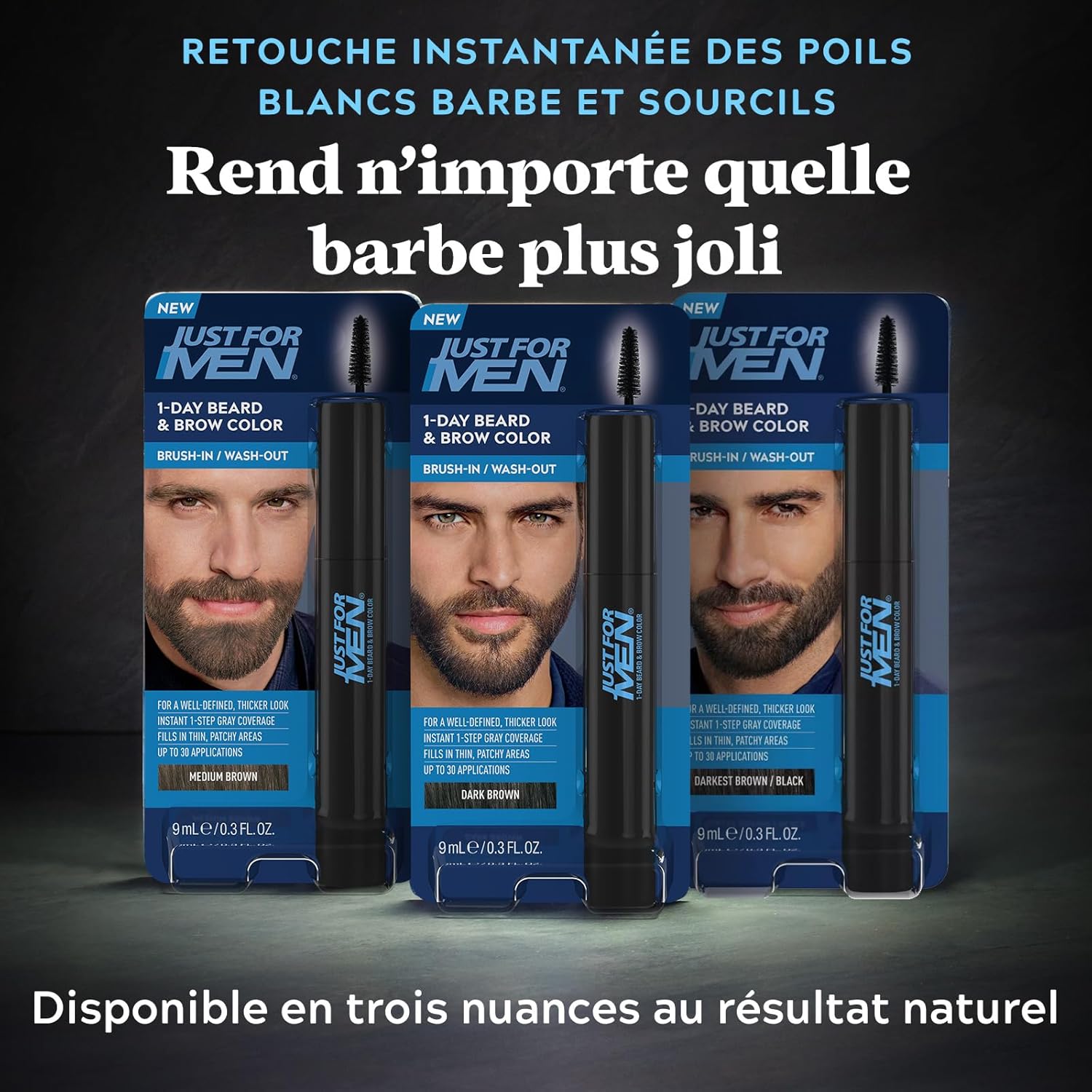 Just for Men - Retouche Instantané Barbe Sourcils - application rapide, couleur châtain foncé, jusqu'à 30 usages