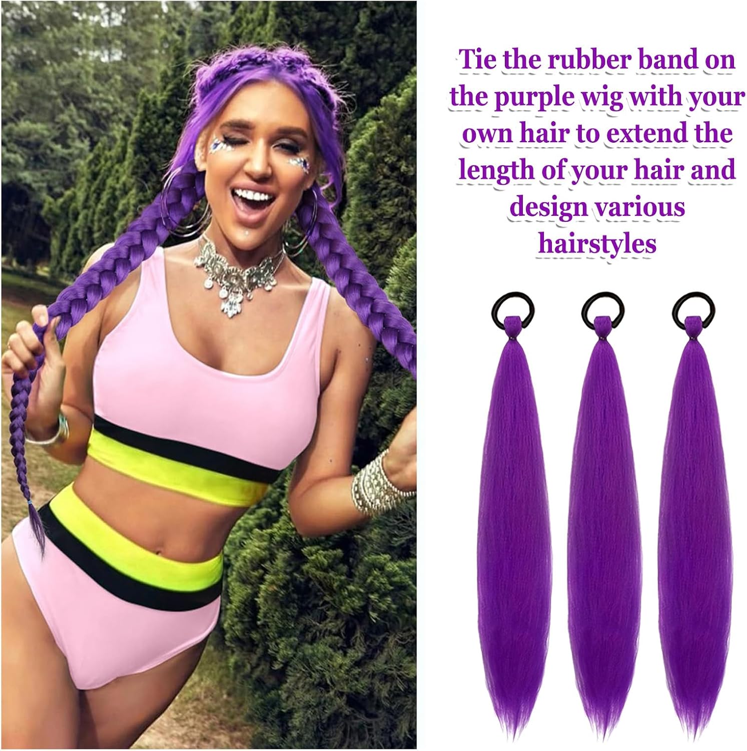 Perruque enfant - 3 pièces - 60cm - violet, élastique, cosplay, adulte