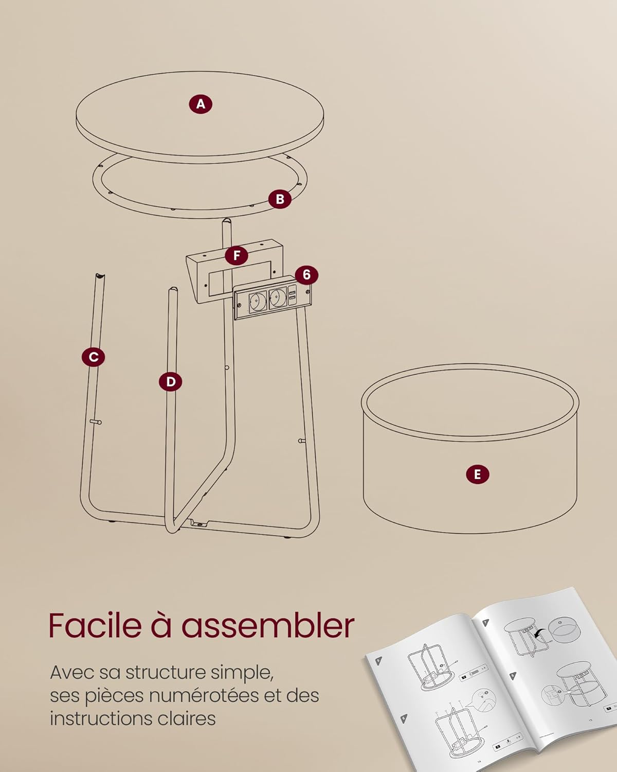 VASAGLE - Petite table basse ronde, panier tissu, multiprise, 40x40cm, style moderne, LET228W02
