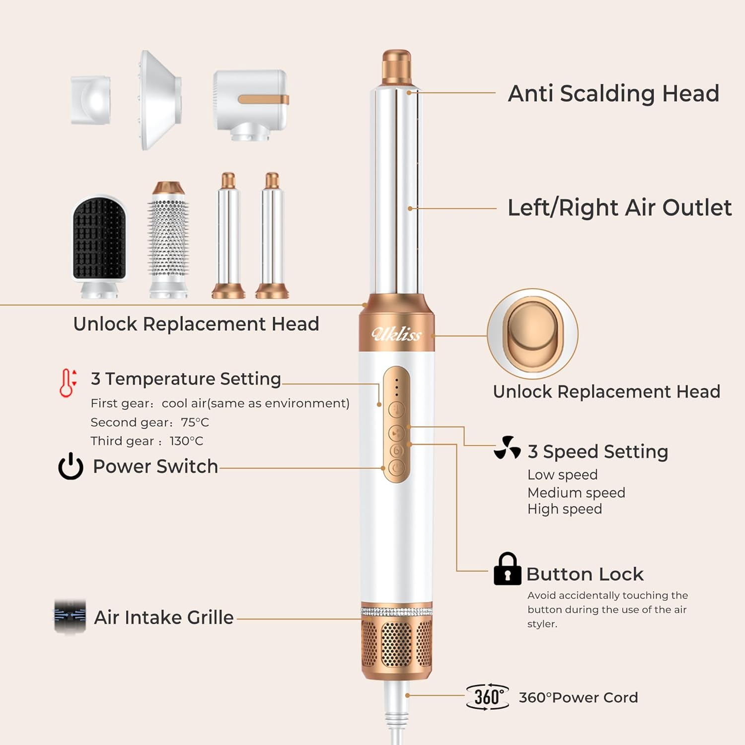 UKLISS - Brosse soufflante 7-en-1, sèche-cheveux, boucleur, brosse lissante - Cadeau femme styling