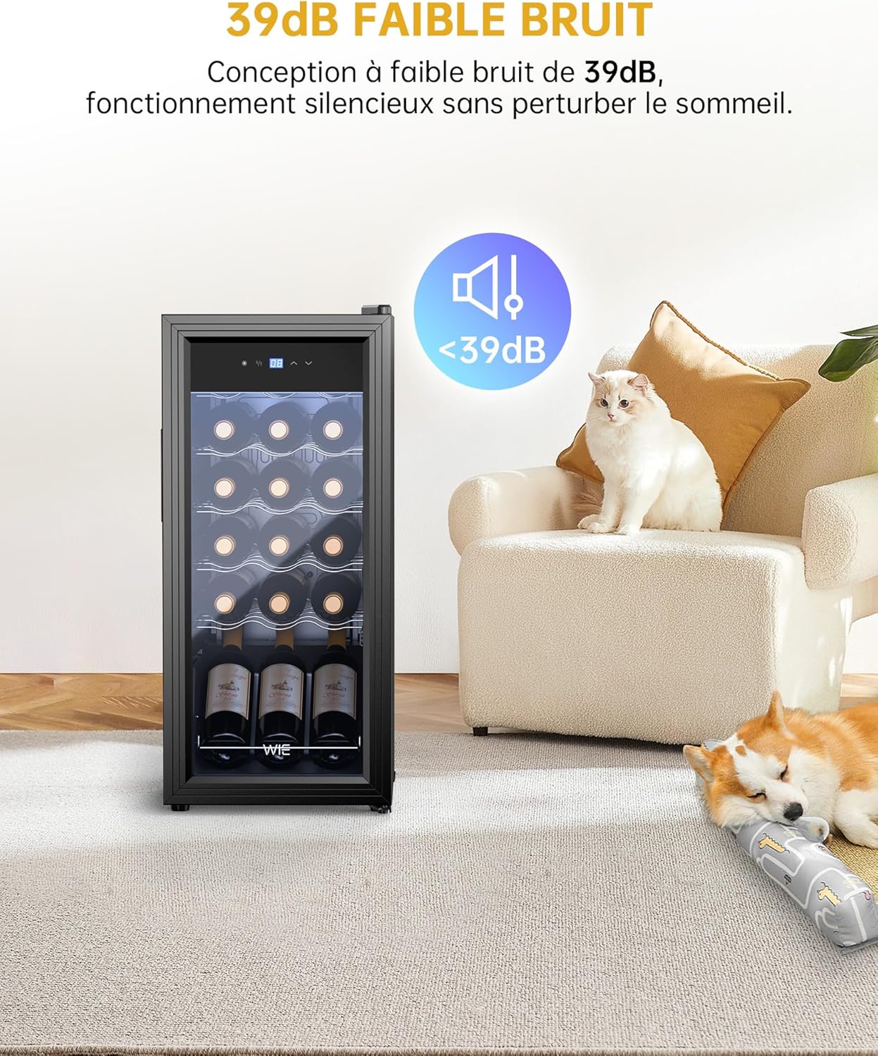 WIE - cave à vin 18 bouteilles, 53L, porte vitrée, compresseur, LED