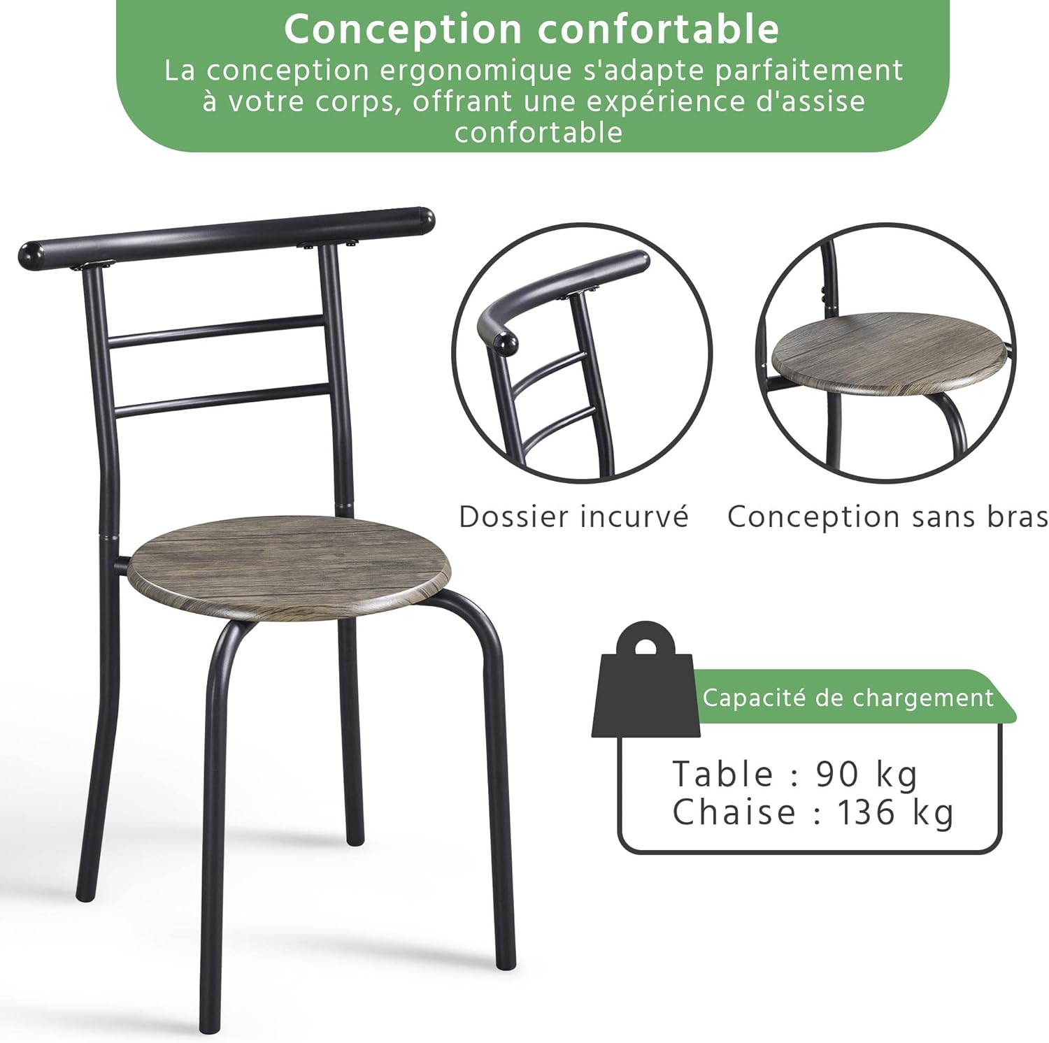 Yaheetech - ensemble table à manger 3 pièces - bois gris/noir - porte-bouteilles, compact