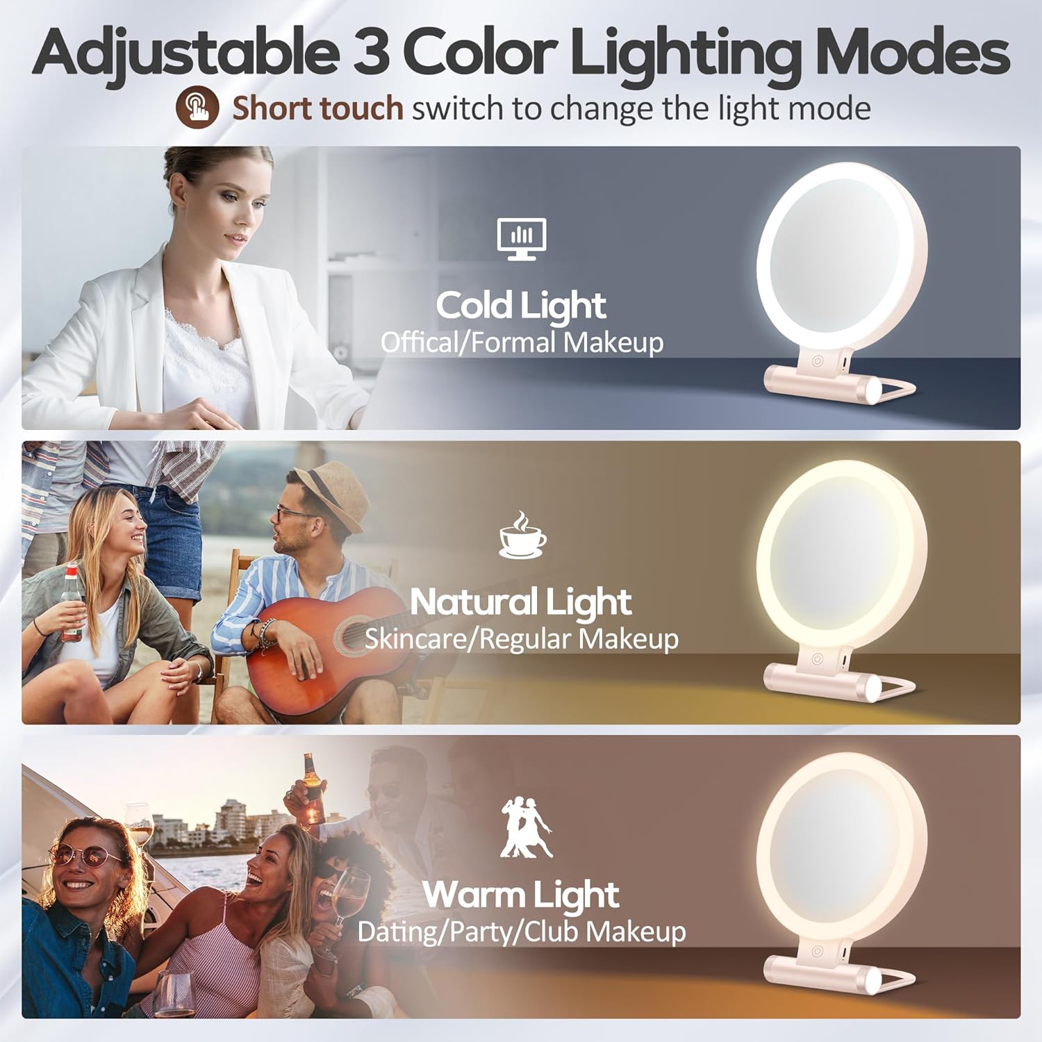 Miroir de maquillage pliable, grossissant 1X/30X, lumineux, 2000mAh