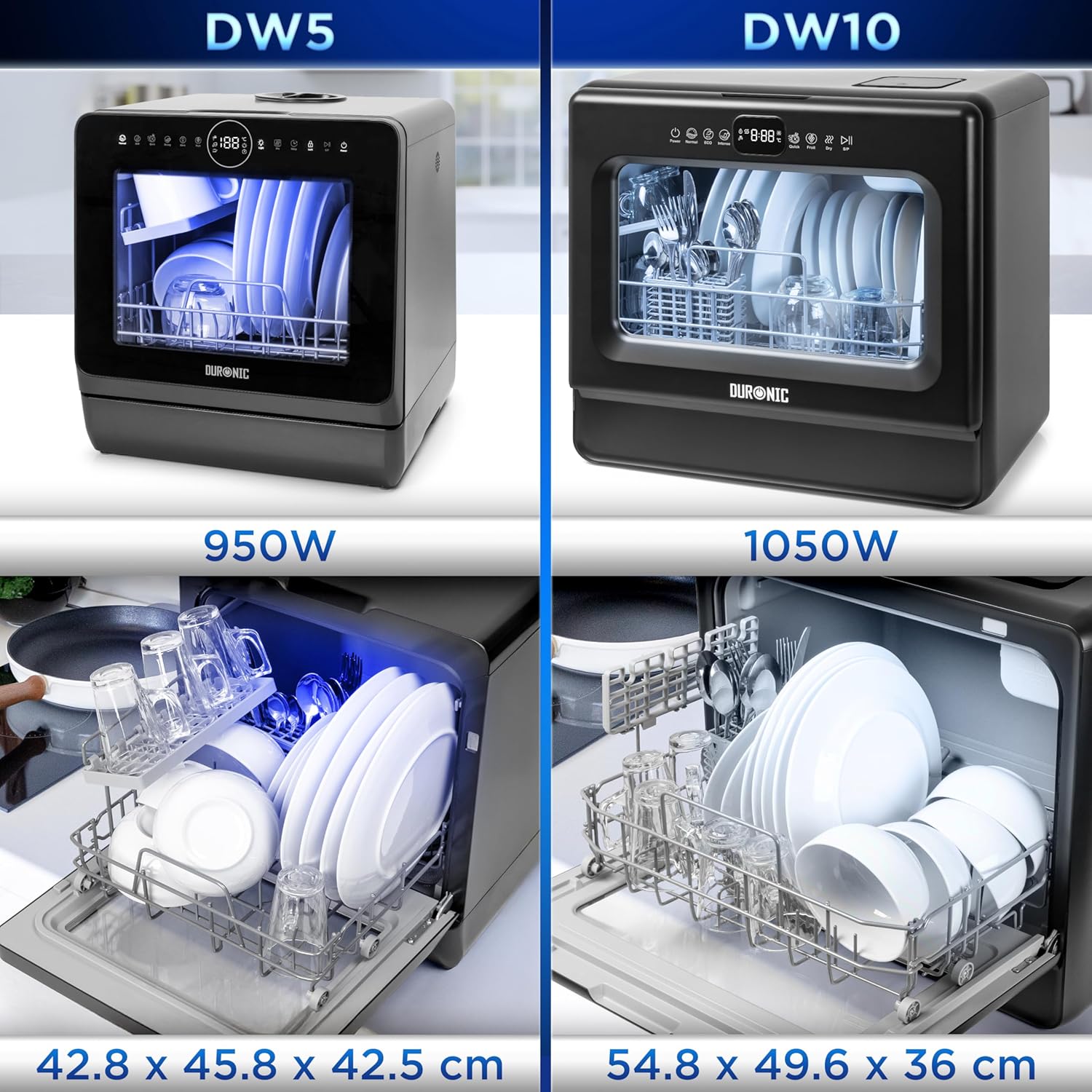 Duronic - DW10 BK - lave-vaisselle compact 1050W, 5 programmes, gain de place, séchage