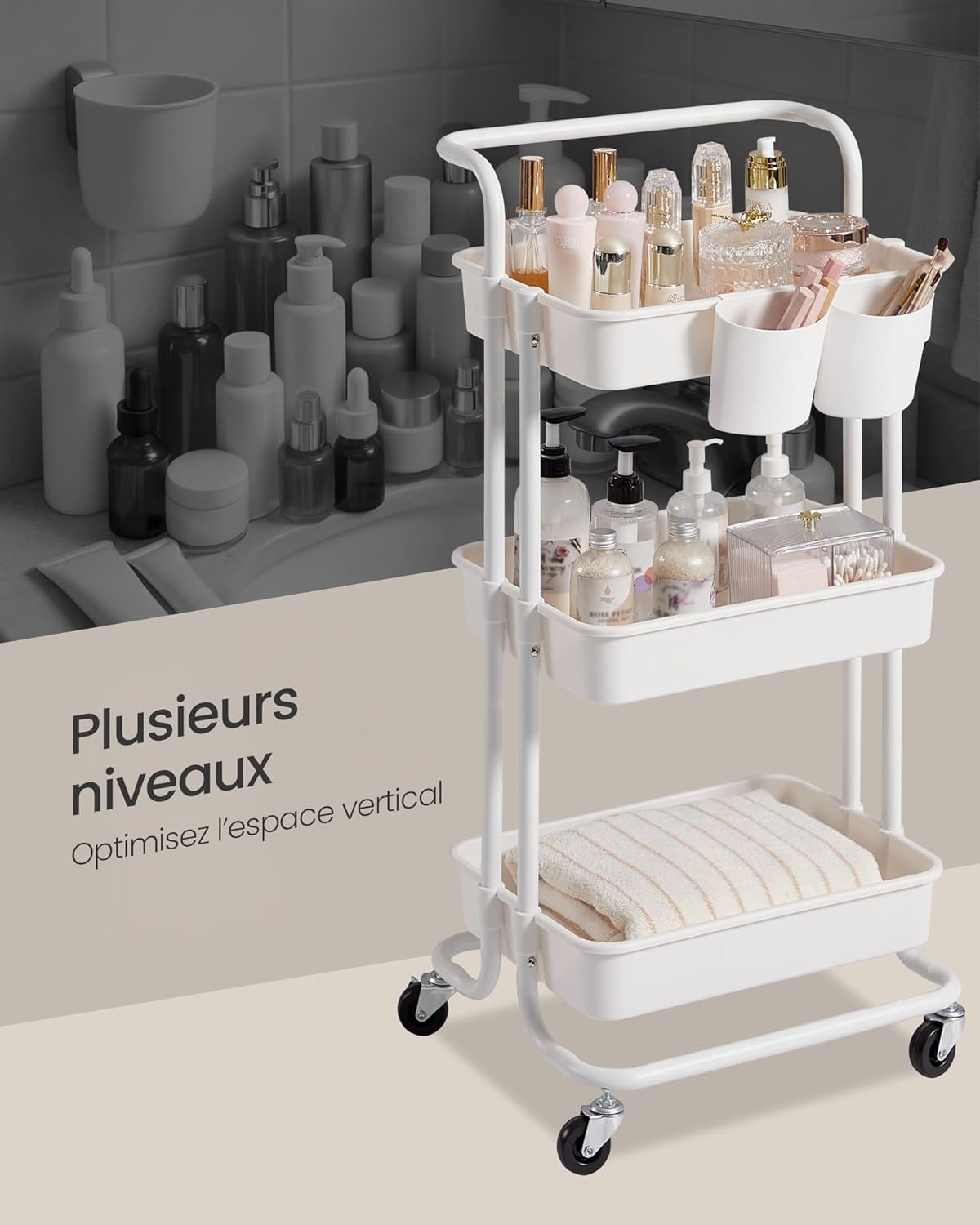 SONGMICS - chariot de rangement 3 niveaux, roulettes, freins, poignée, 2 pots, plastique, blanc - BSC067W01