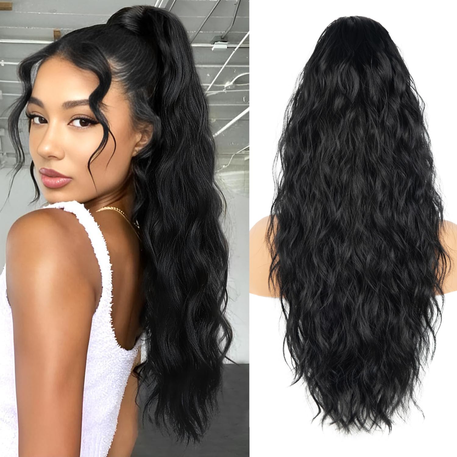 Extension cheveux naturel - ponytail 66cm - ondulée, cordon, couleur 1B#