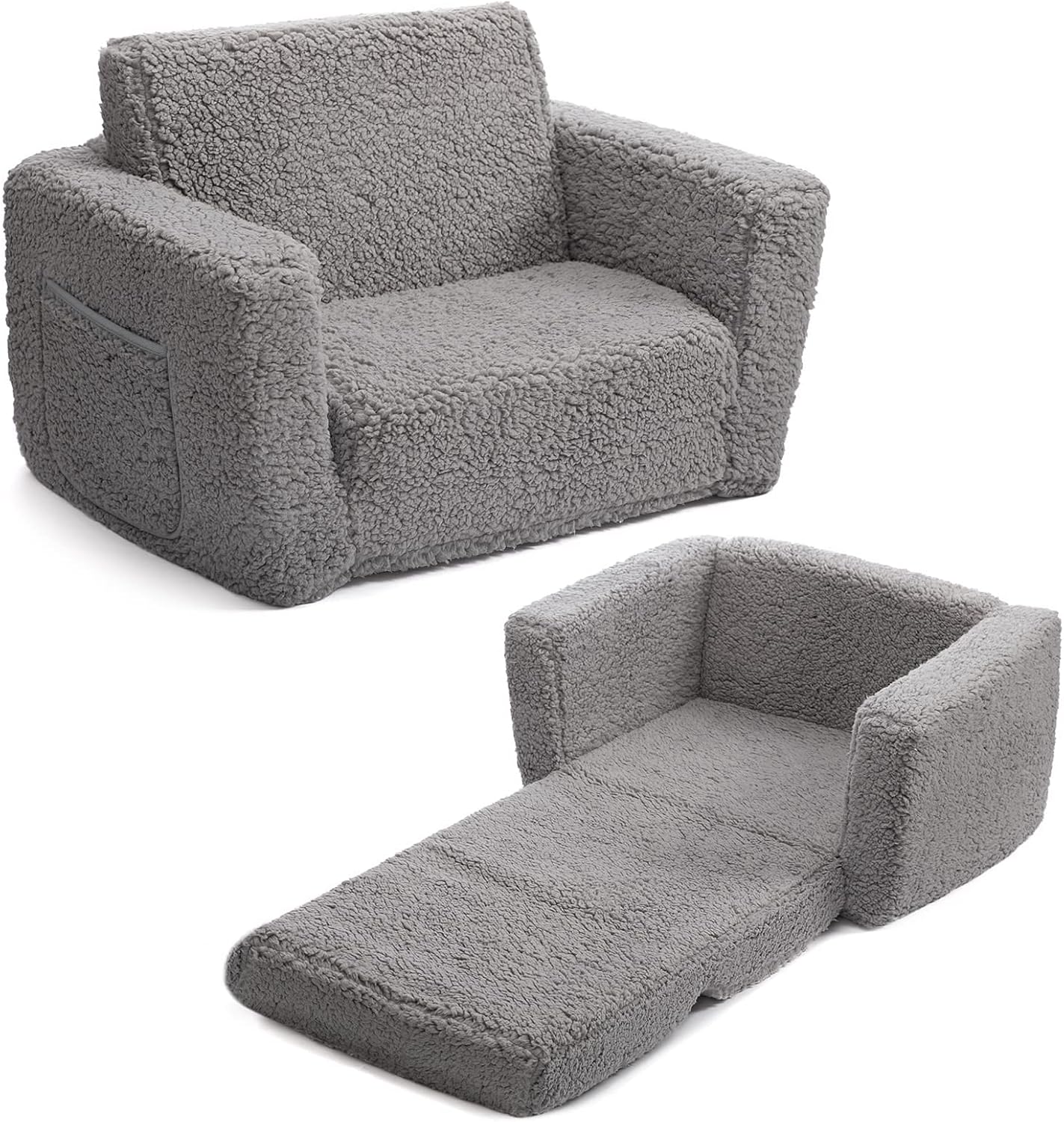 BEJOY - fauteuil enfant convertible 2-en-1, tissu Sherpa, gris, confortable
