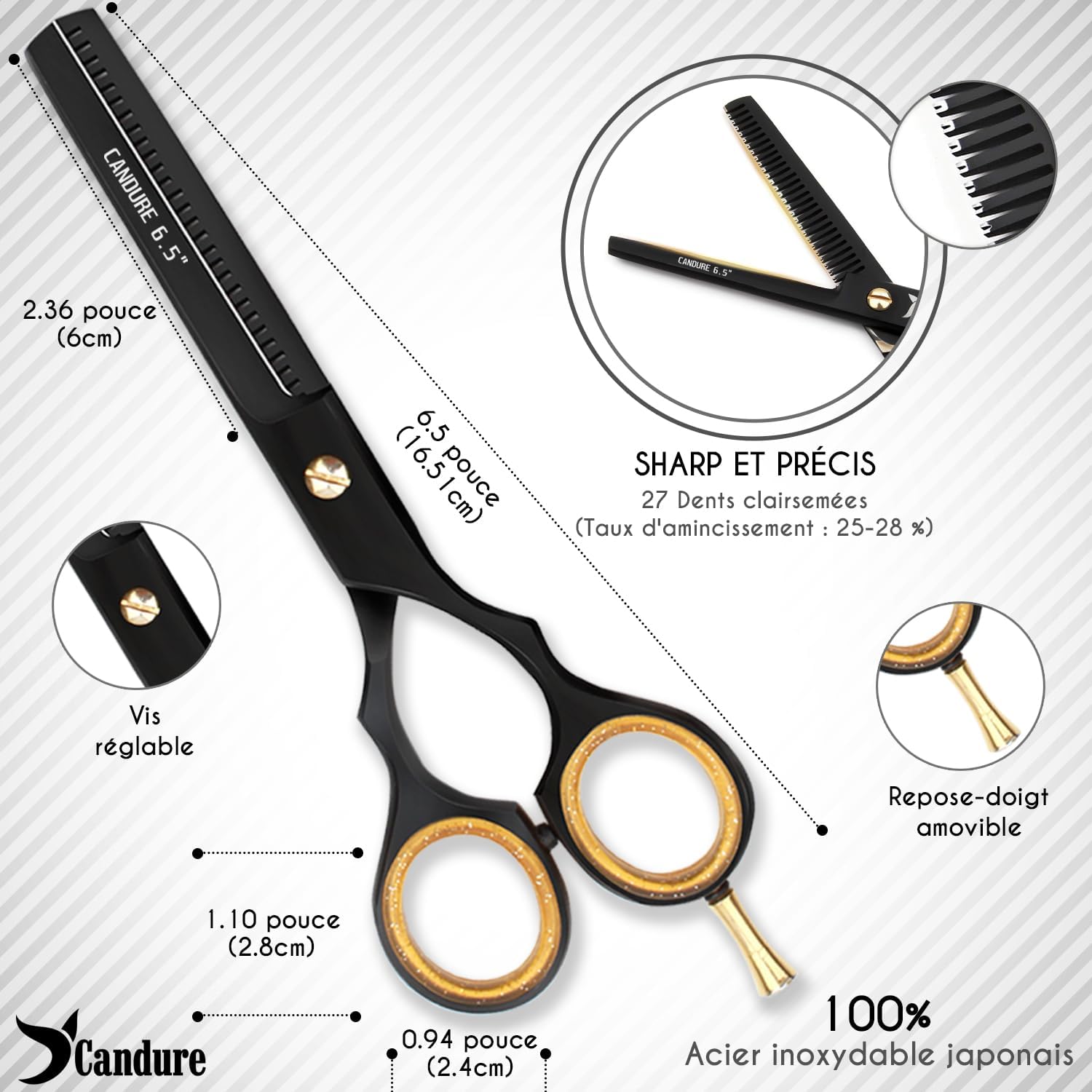 Candure - Set ciseaux de coiffure noir - 6,5