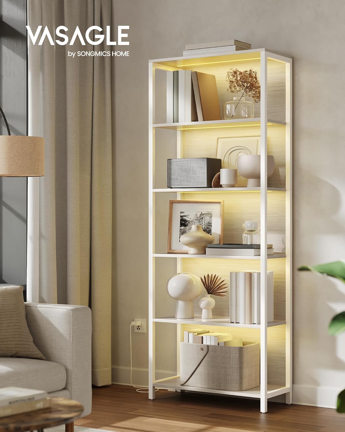 VASAGLE - bibliothèque LED 6 niveaux - 30,3x60x178,6 cm - cadre acier, lumière réglable - LLS120LL01